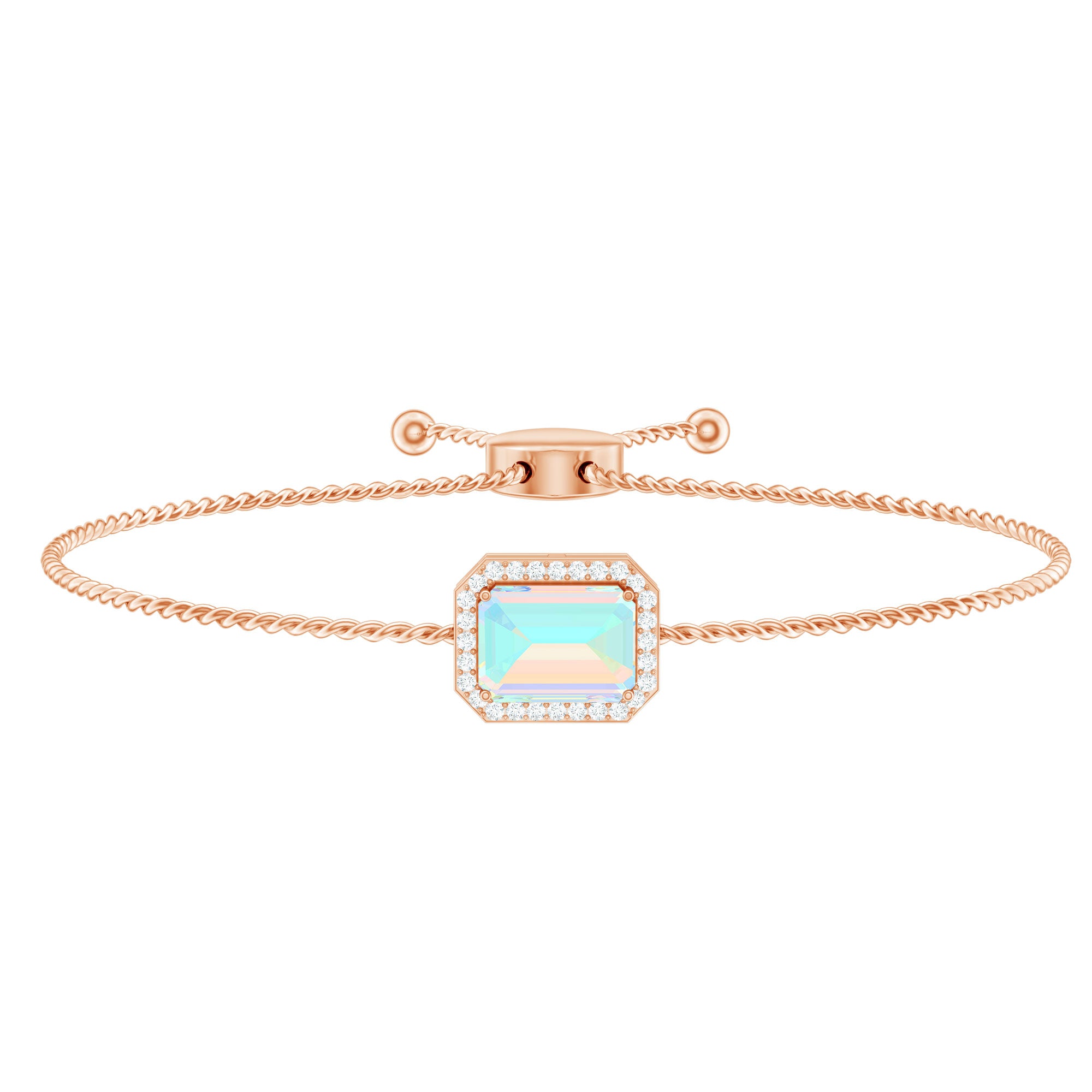 2 Carat Emerald Cut Ethiopian Opal and Diamond Bolo Chain Bracelet AAA - Rosec Jewels