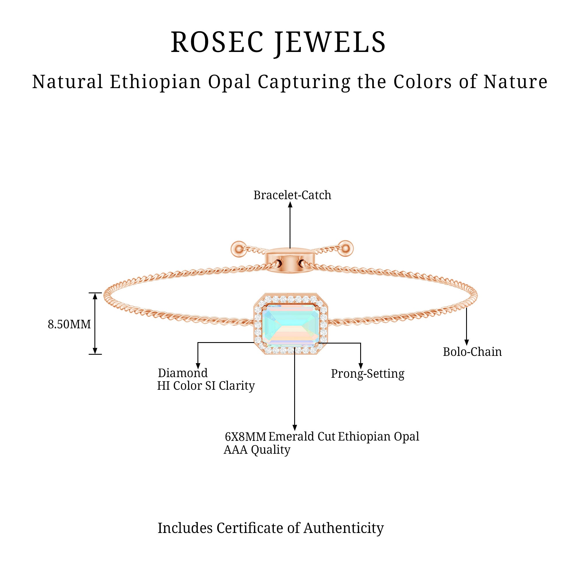 2 Carat Emerald Cut Ethiopian Opal and Diamond Bolo Chain Bracelet AAA - Rosec Jewels
