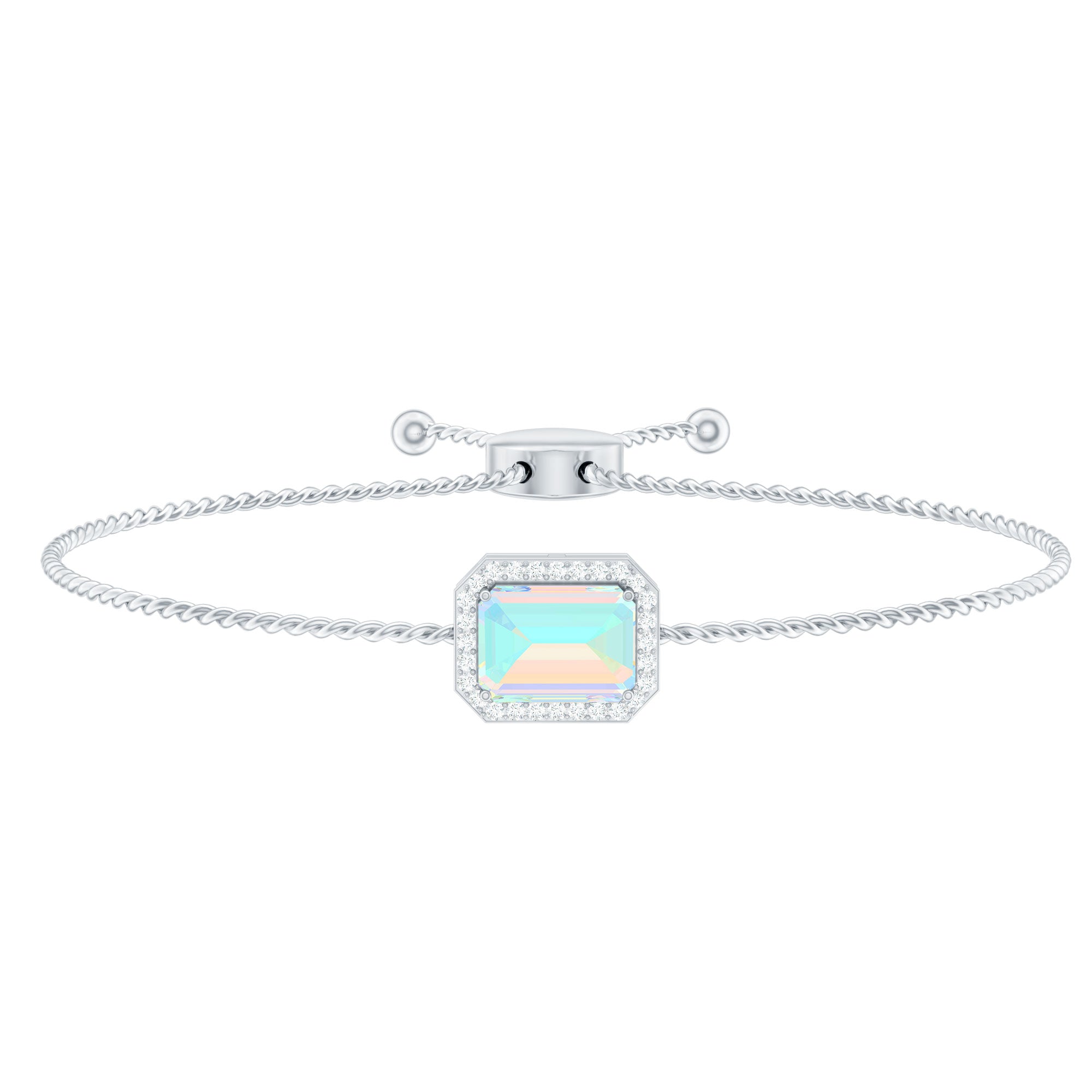 2 Carat Emerald Cut Ethiopian Opal and Diamond Bolo Chain Bracelet AAA - Rosec Jewels