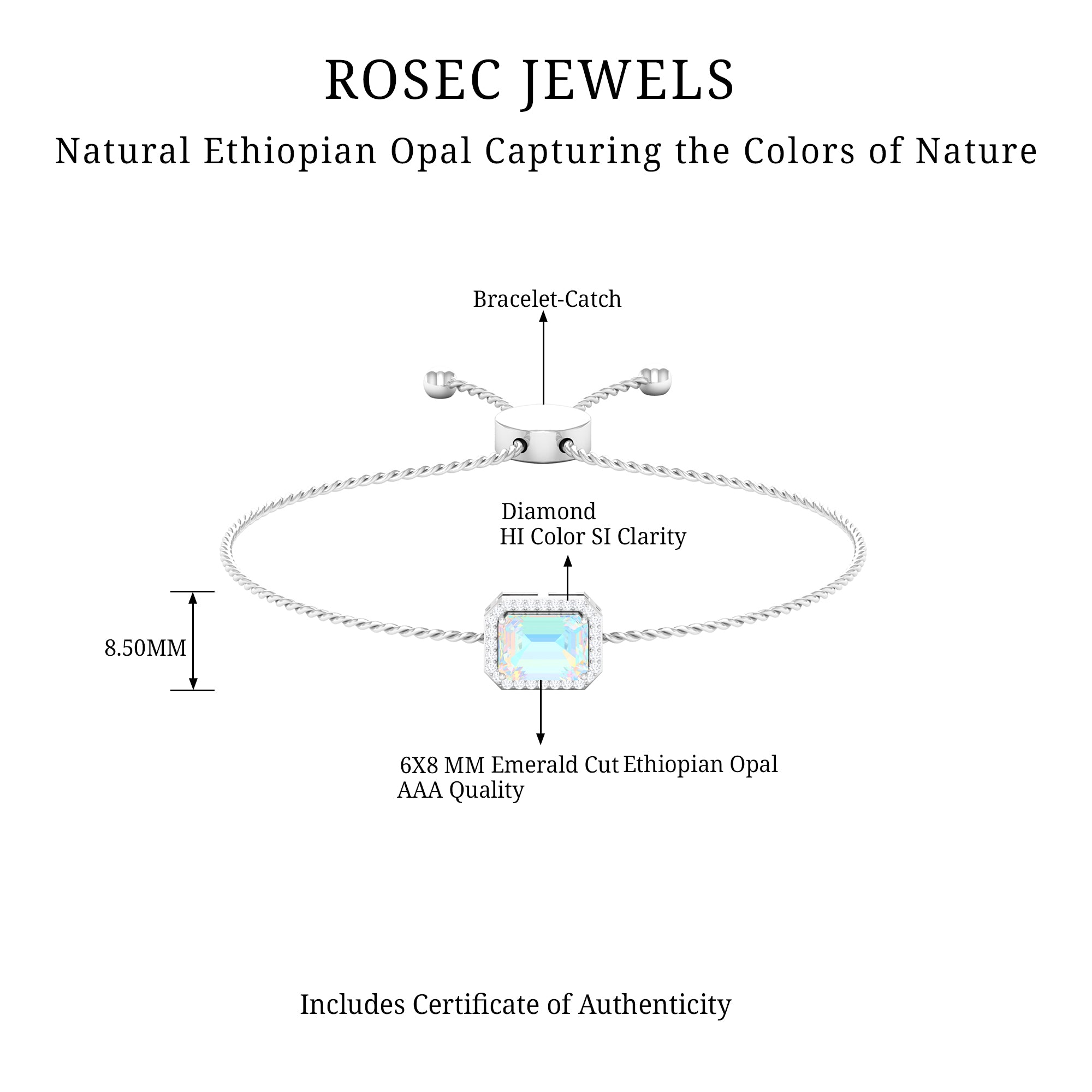 2.25 CT Octagon Cut Ethiopian Opal and Diamond Bolo Chain Bracelet Ethiopian Opal - ( AAA ) - Quality - Rosec Jewels