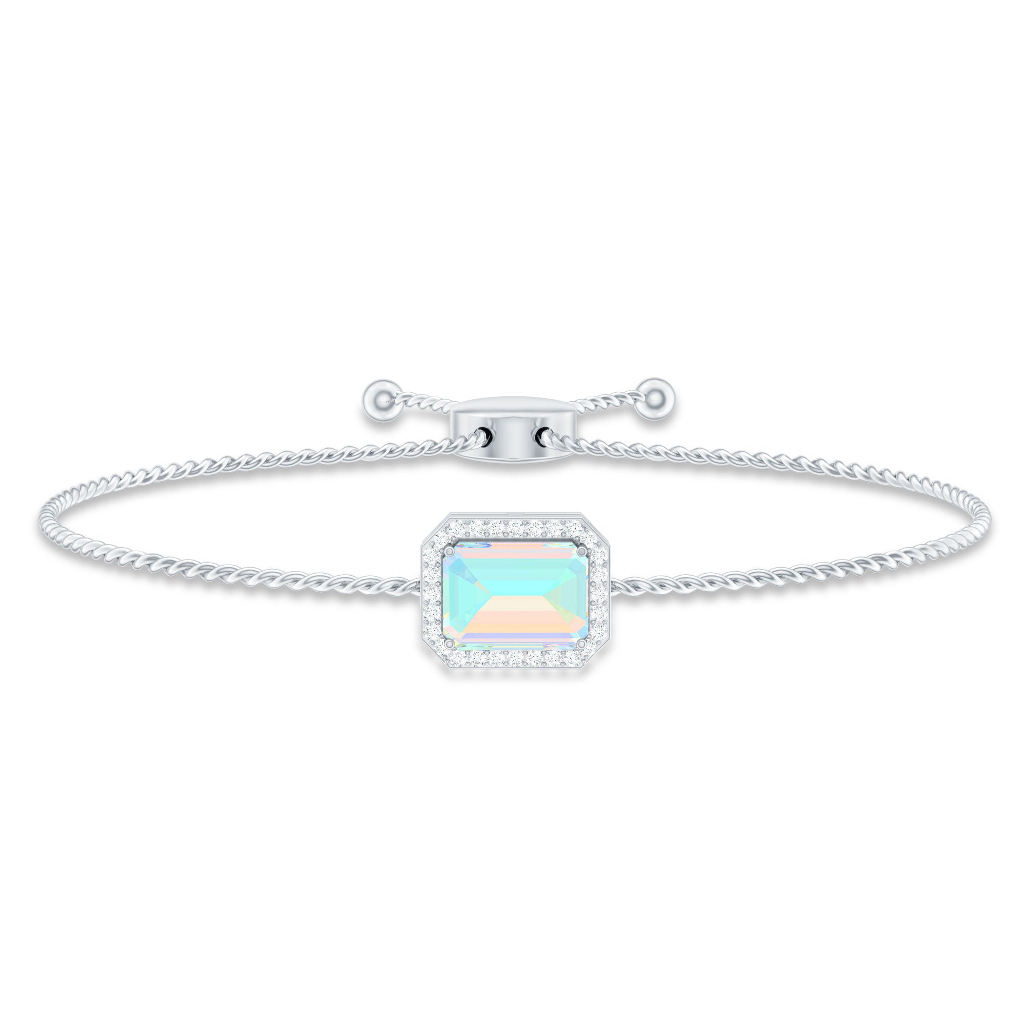 2 Carat Emerald Cut Ethiopian Opal and Diamond Bolo Chain Bracelet AAA - Rosec Jewels
