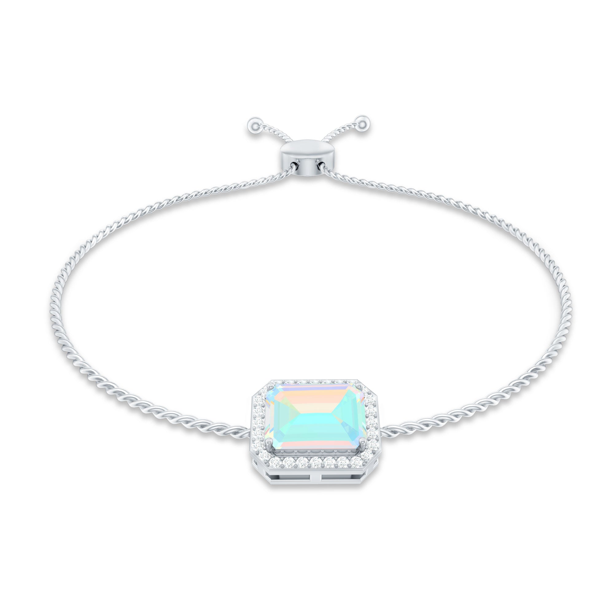 2 Carat Emerald Cut Ethiopian Opal and Diamond Bolo Chain Bracelet AAA - Rosec Jewels