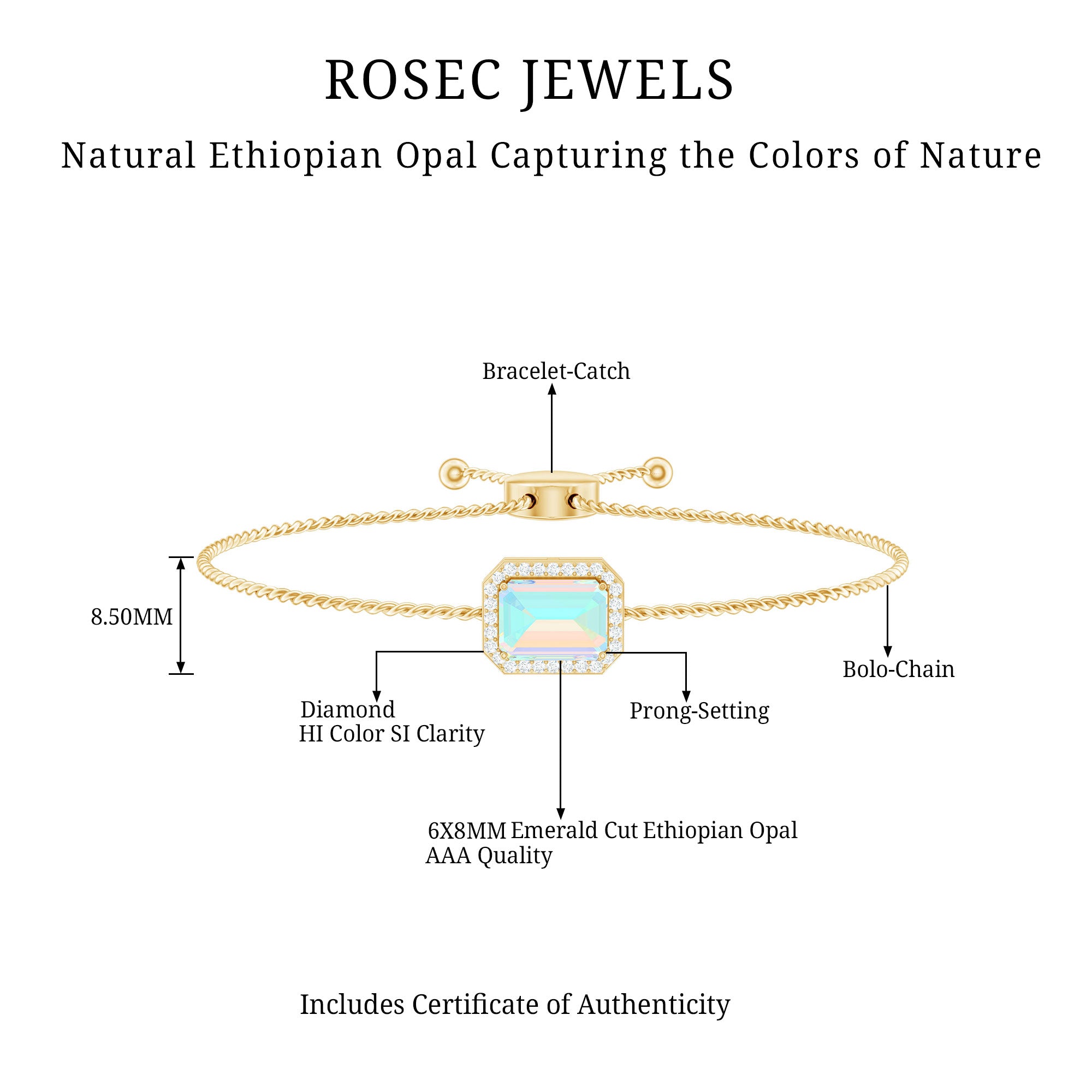 2 Carat Emerald Cut Ethiopian Opal and Diamond Bolo Chain Bracelet AAA - Rosec Jewels