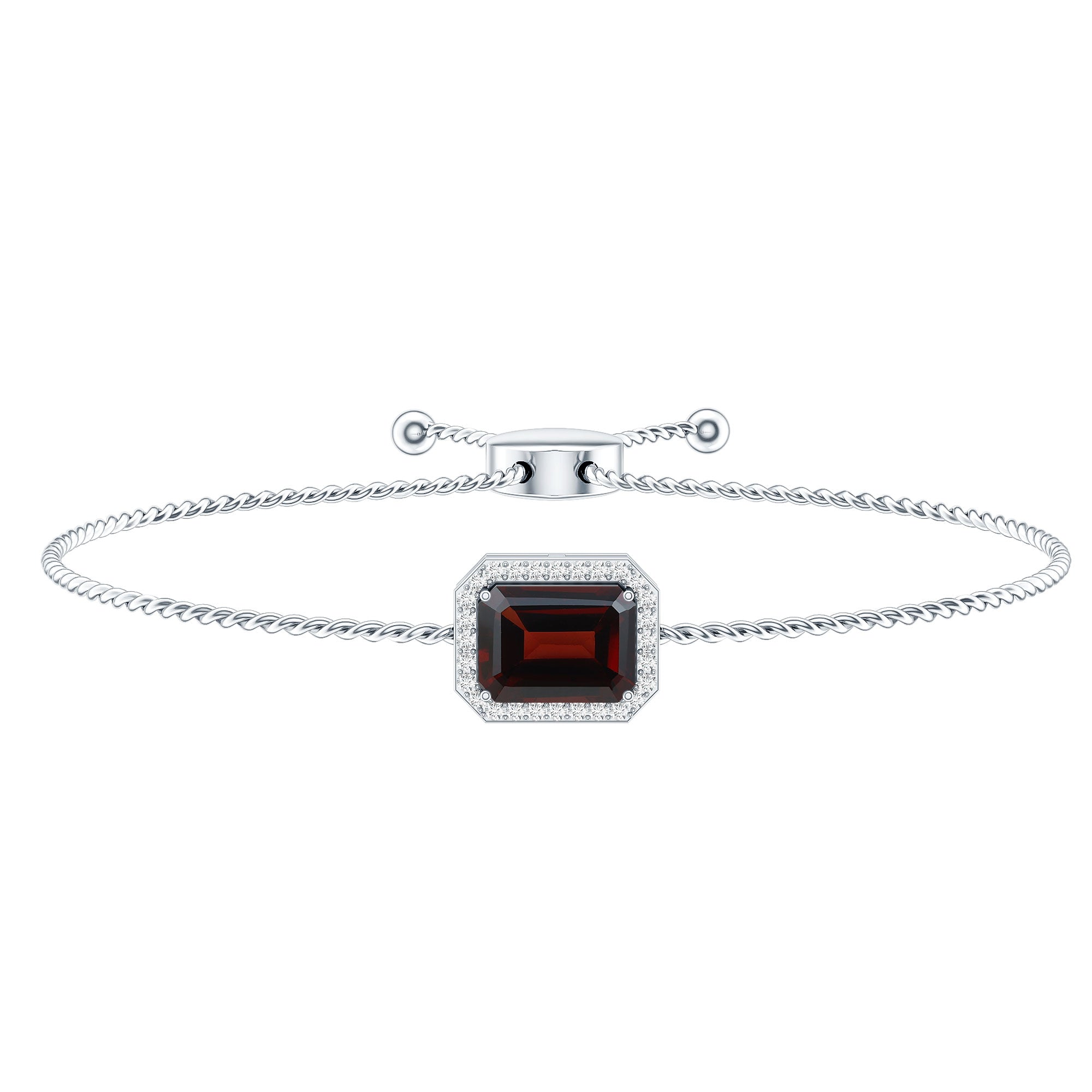 Real 2 Carat Emerald Cut Garnet Bolo Bracelet with Diamond Halo AAA - Rosec Jewels