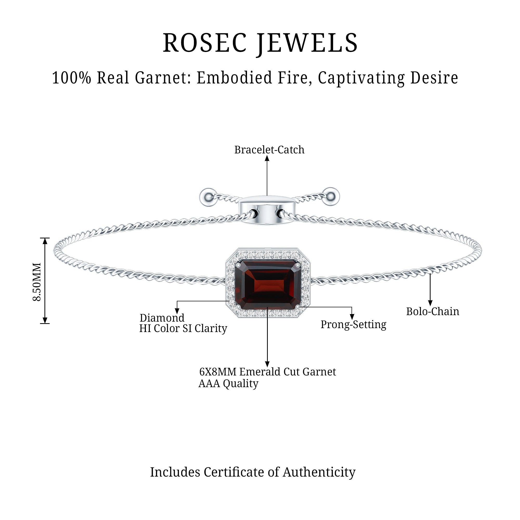Real 2 Carat Emerald Cut Garnet Bolo Bracelet with Diamond Halo AAA - Rosec Jewels