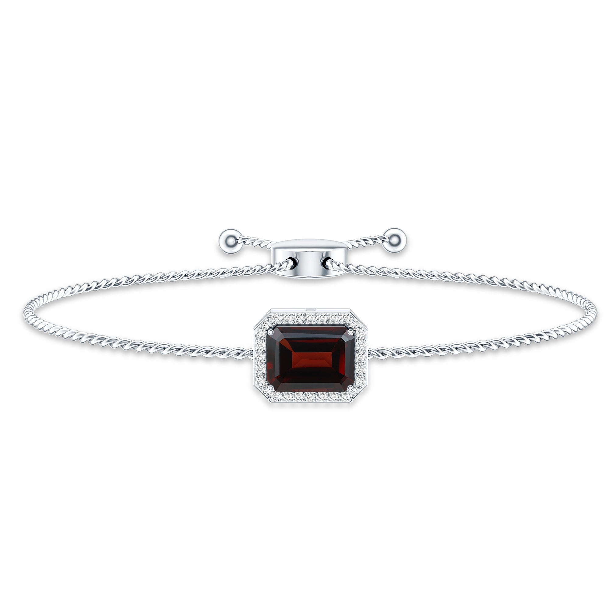 Real 2 Carat Emerald Cut Garnet Bolo Bracelet with Diamond Halo AAA - Rosec Jewels