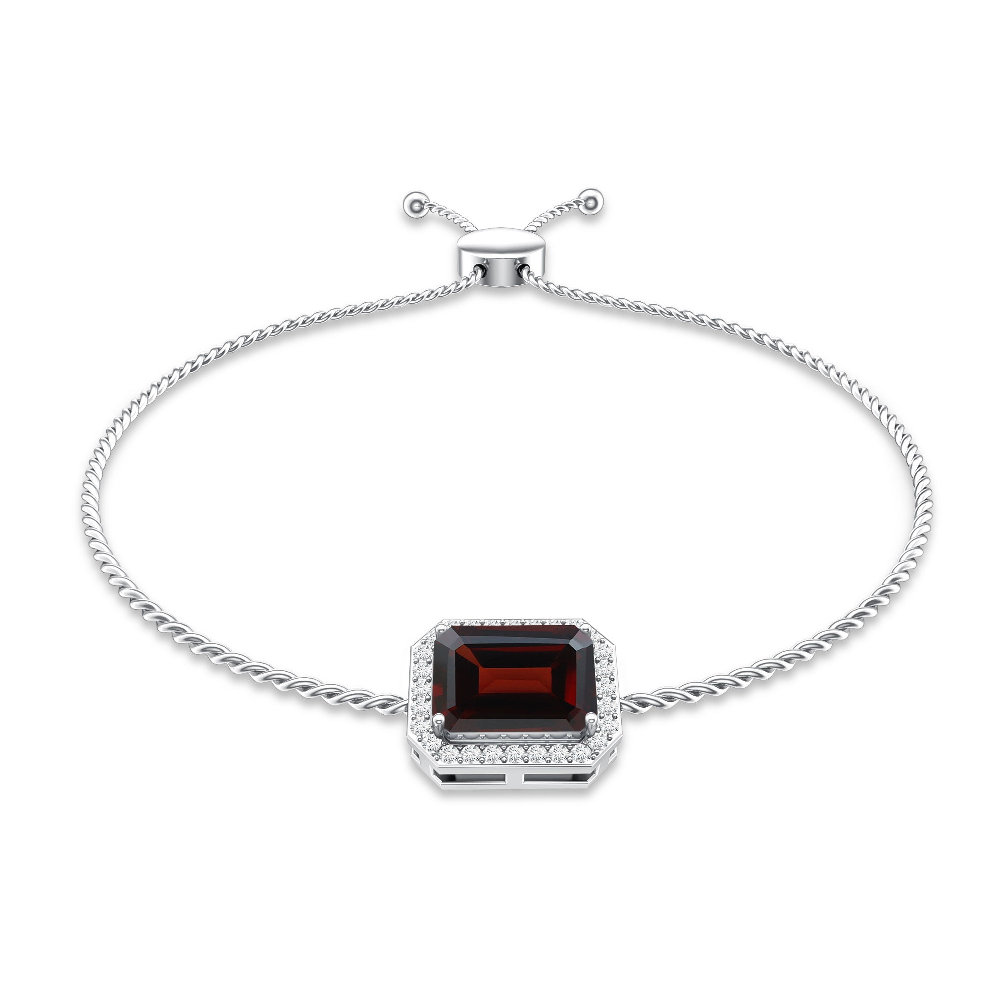 Real 2 Carat Emerald Cut Garnet Bolo Bracelet with Diamond Halo AAA - Rosec Jewels