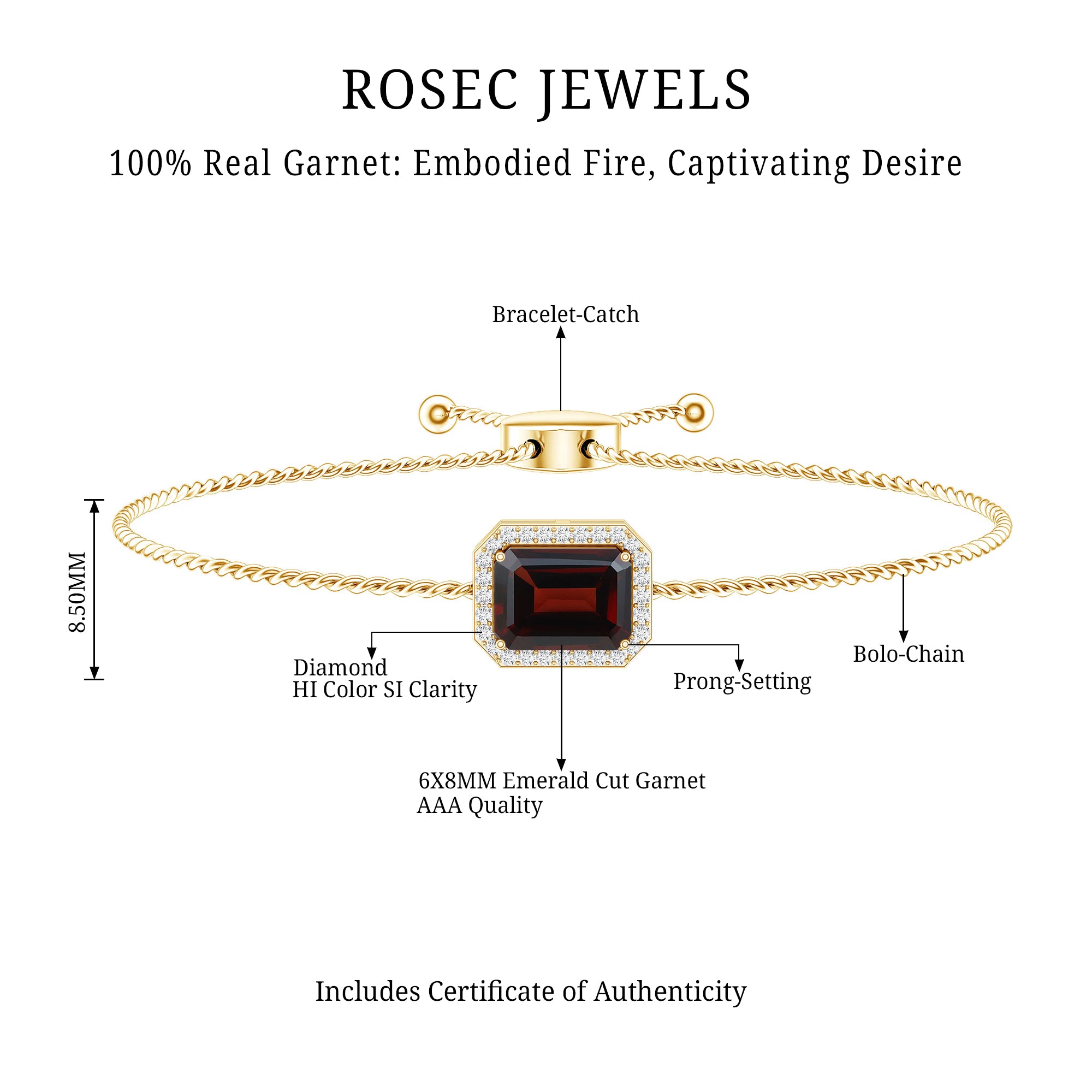 Real 2 Carat Emerald Cut Garnet Bolo Bracelet with Diamond Halo AAA - Rosec Jewels
