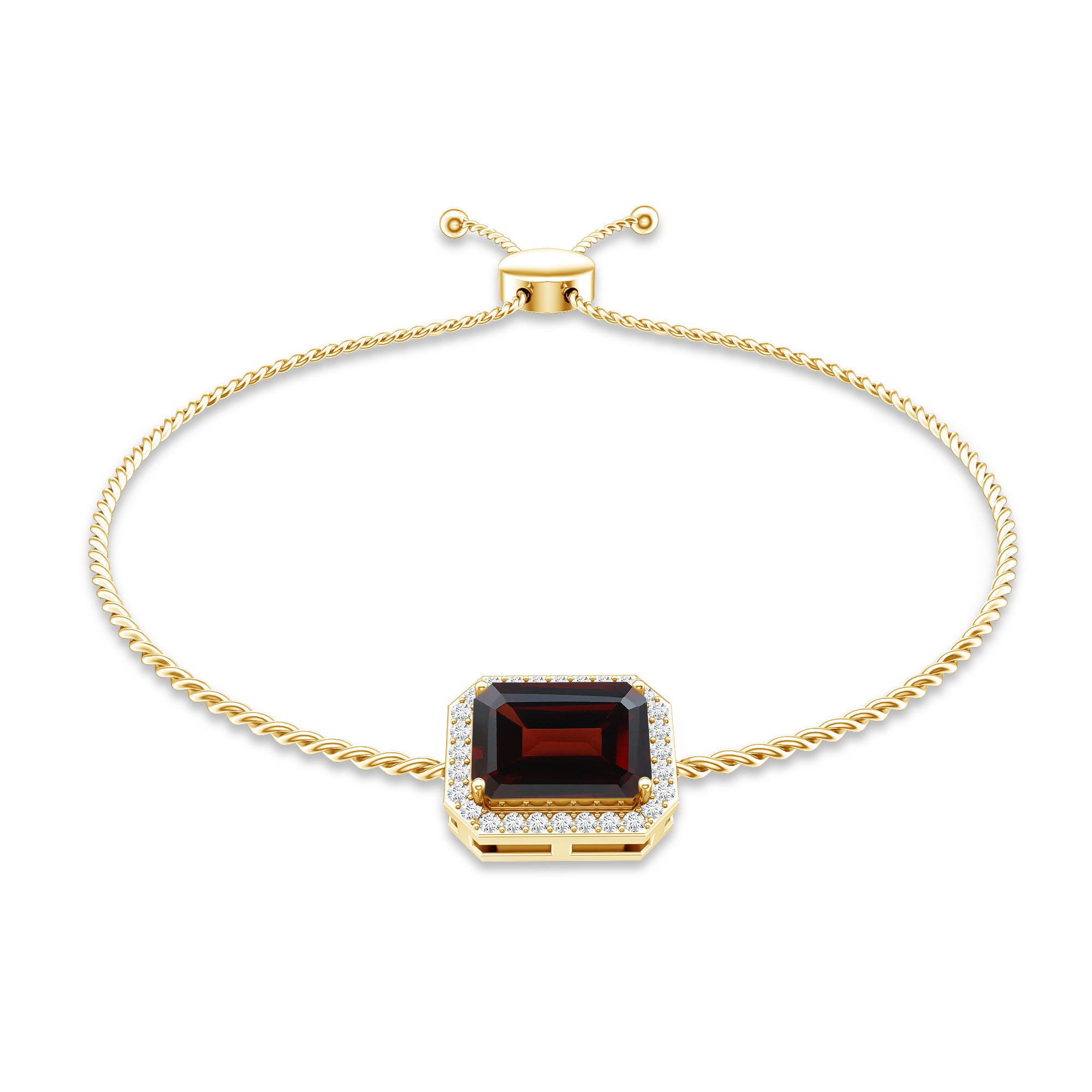 Real 2 Carat Emerald Cut Garnet Bolo Bracelet with Diamond Halo AAA - Rosec Jewels