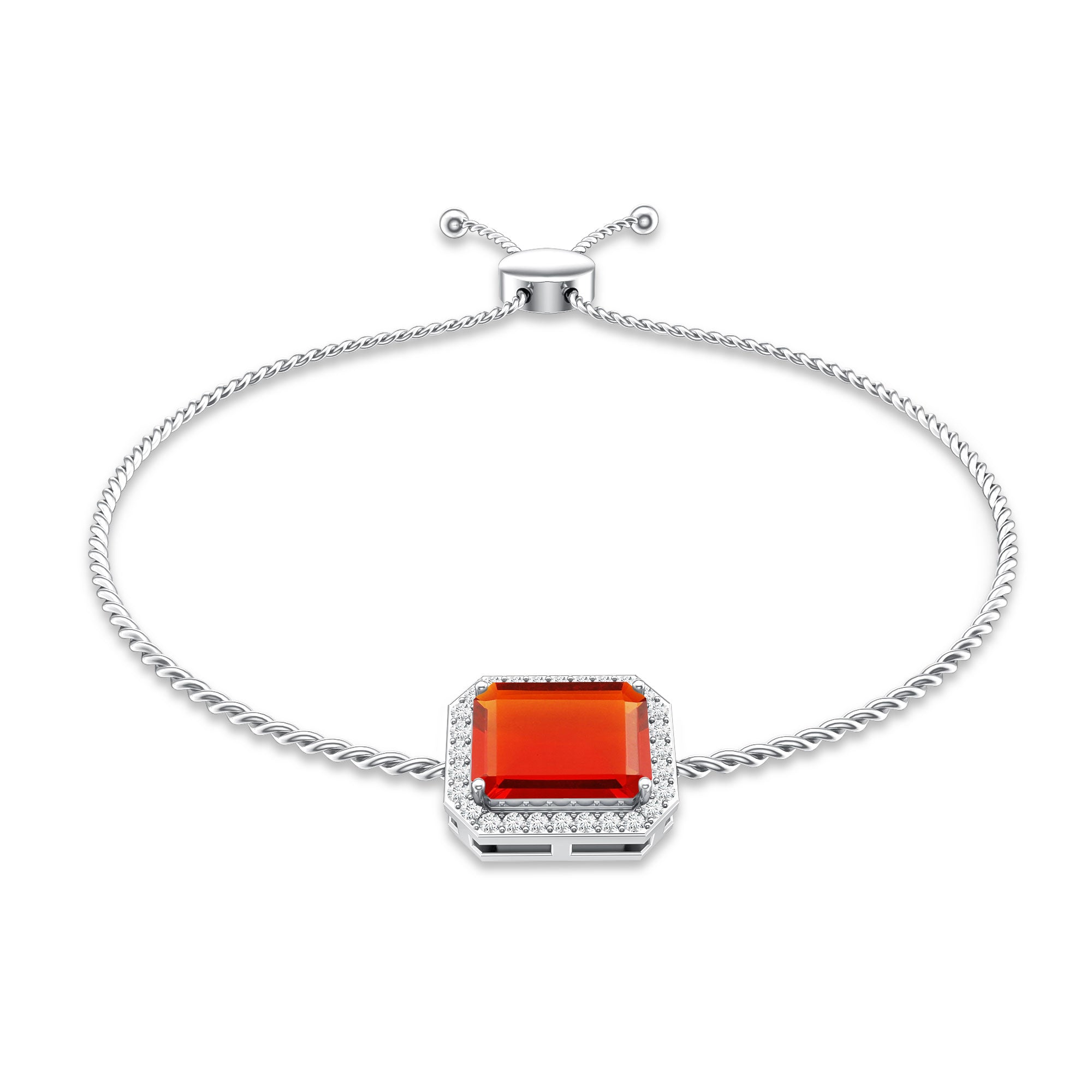 Real 1 Carat Emerald Cut Fire Opal Bolo Bracelet with Diamond Halo AAA - Rosec Jewels