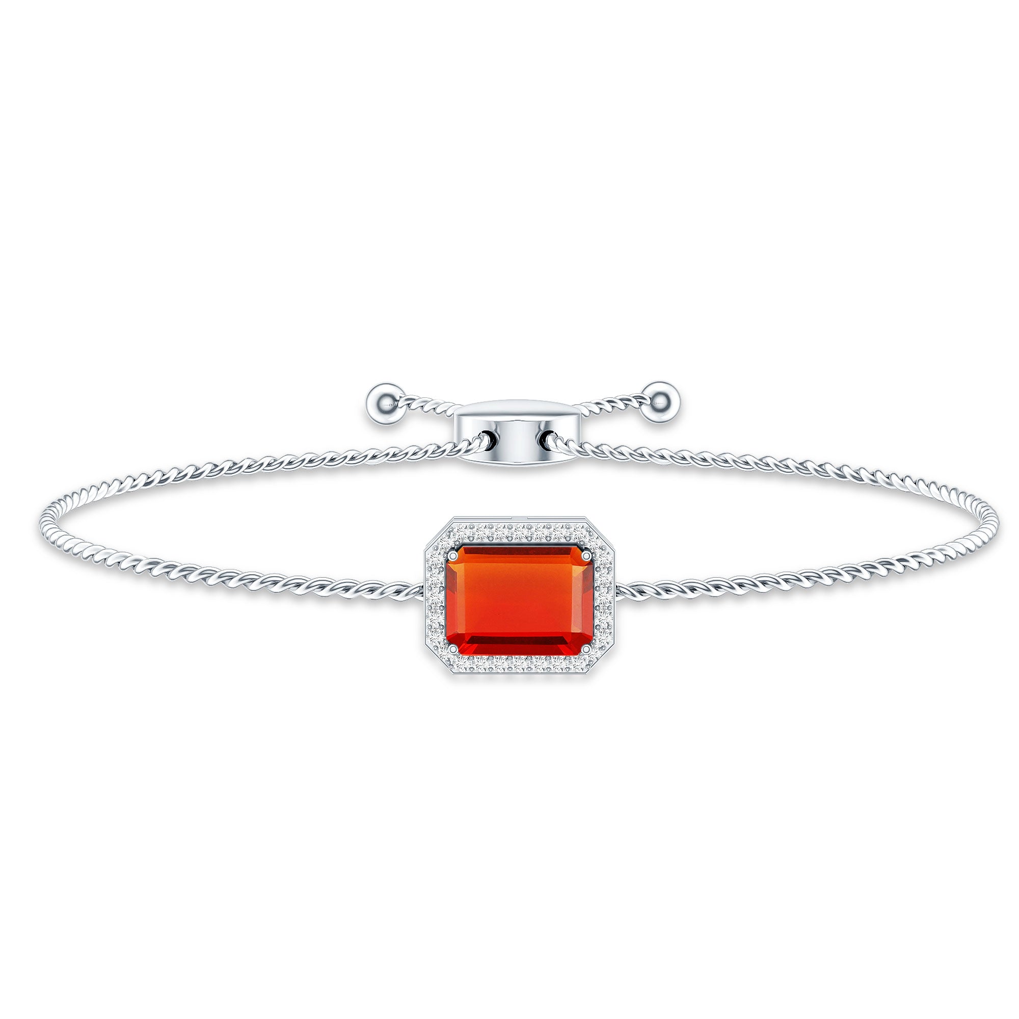 Real 1 Carat Emerald Cut Fire Opal Bolo Bracelet with Diamond Halo AAA - Rosec Jewels