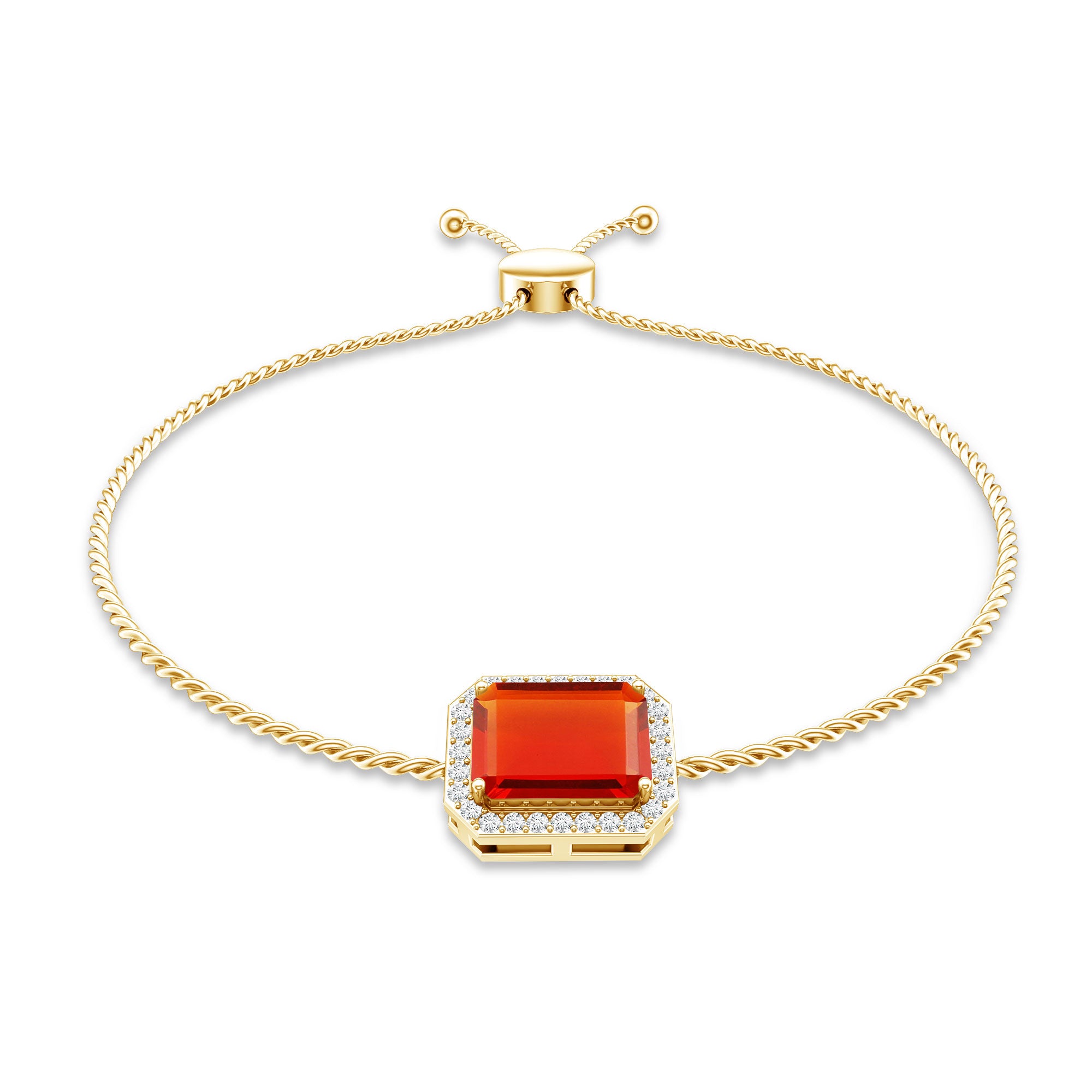 Real 1 Carat Emerald Cut Fire Opal Bolo Bracelet with Diamond Halo AAA - Rosec Jewels