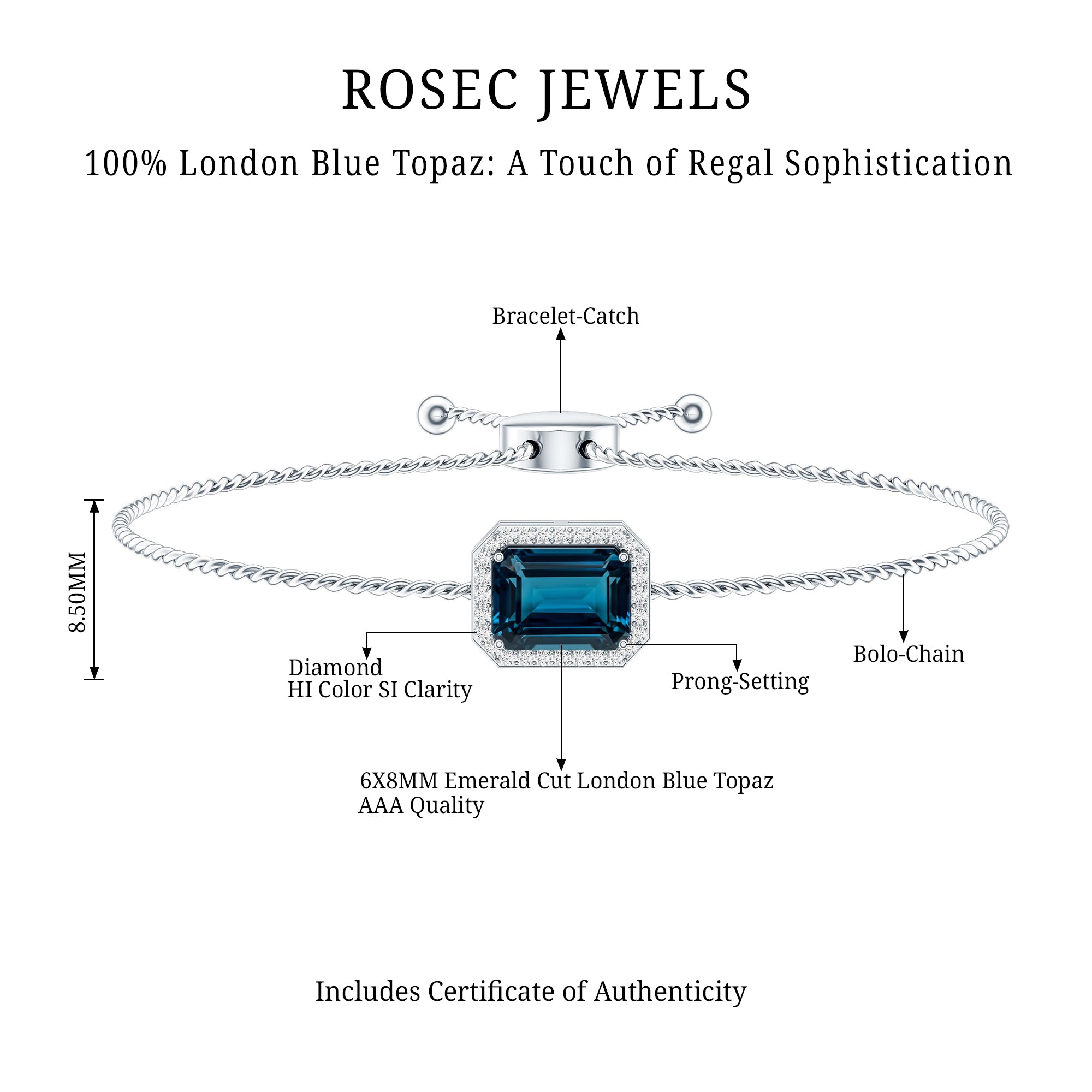 Emerald Cut London Blue Topaz and Diamond Bolo Chain Bracelet AAA - Rosec Jewels