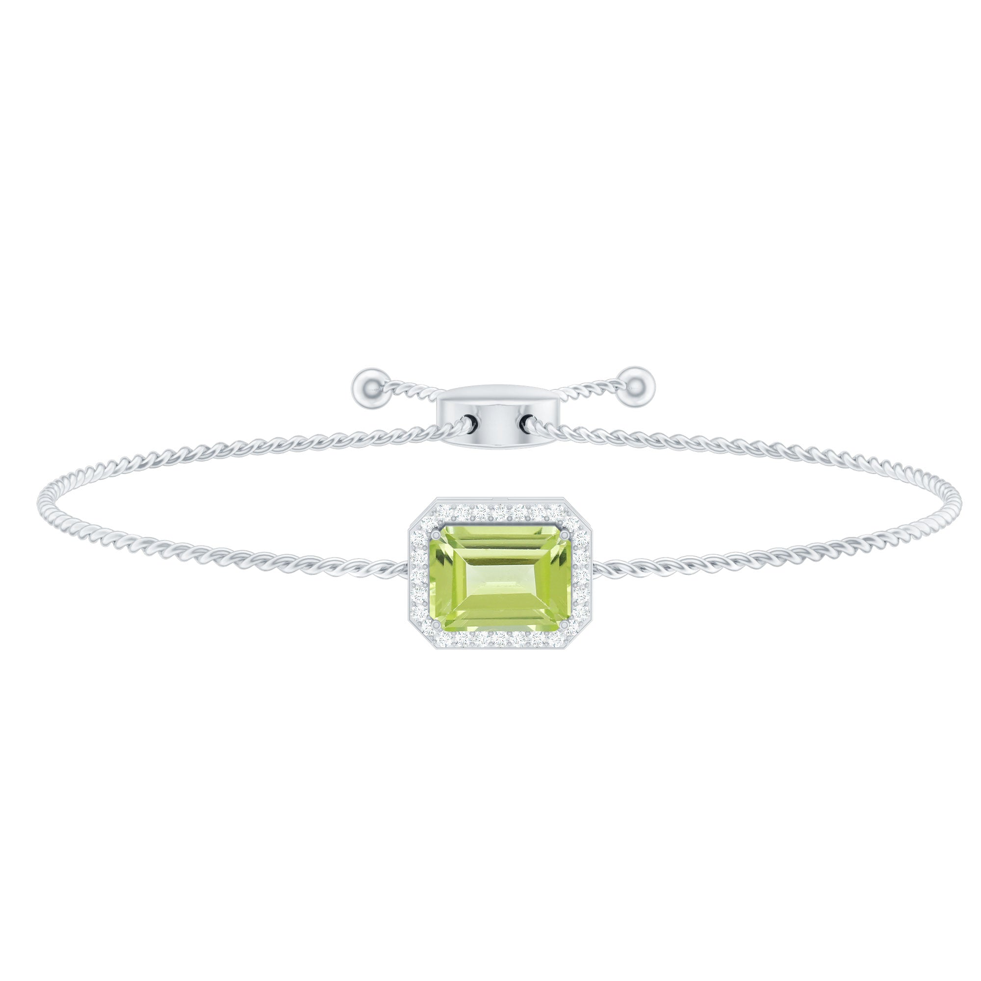 2 CT Emerald Cut Peridot and Diamond Bolo Chain Bracelet