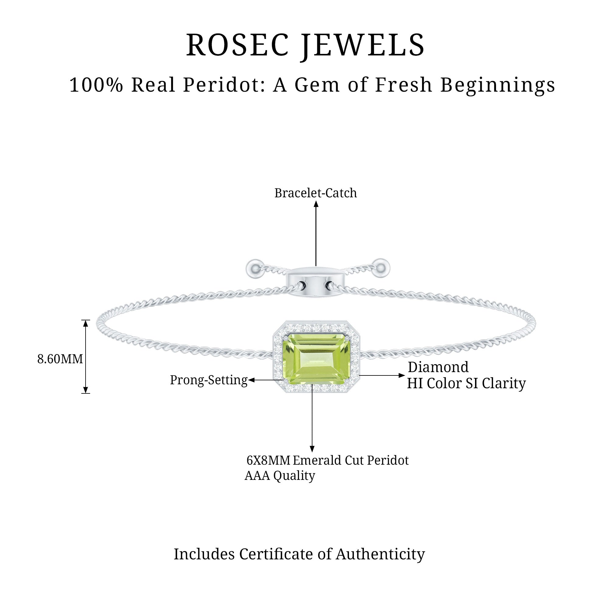 1.8 Carat Emerald Cut Peridot and Diamond Bolo Chain Bracelet AAA - Rosec Jewels