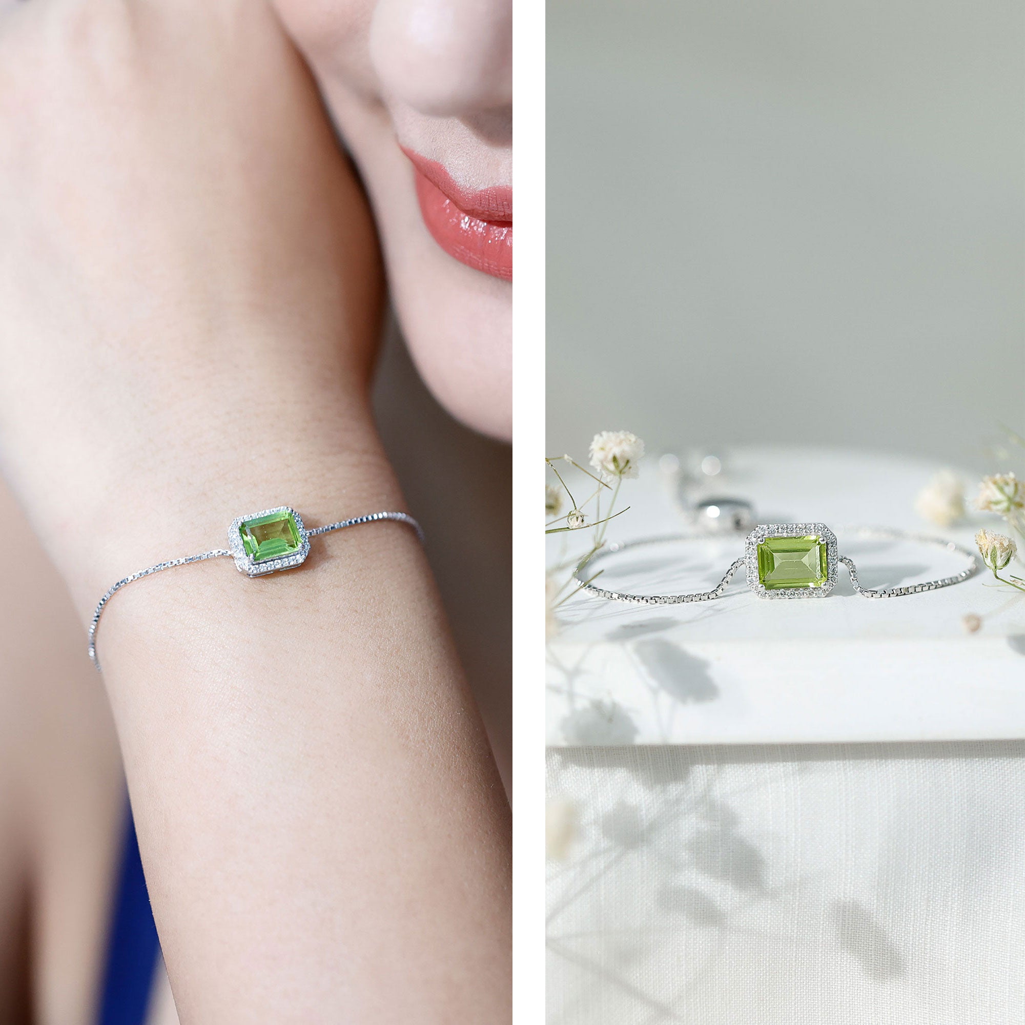 1.8 Carat Emerald Cut Peridot and Diamond Bolo Chain Bracelet AAA - Rosec Jewels