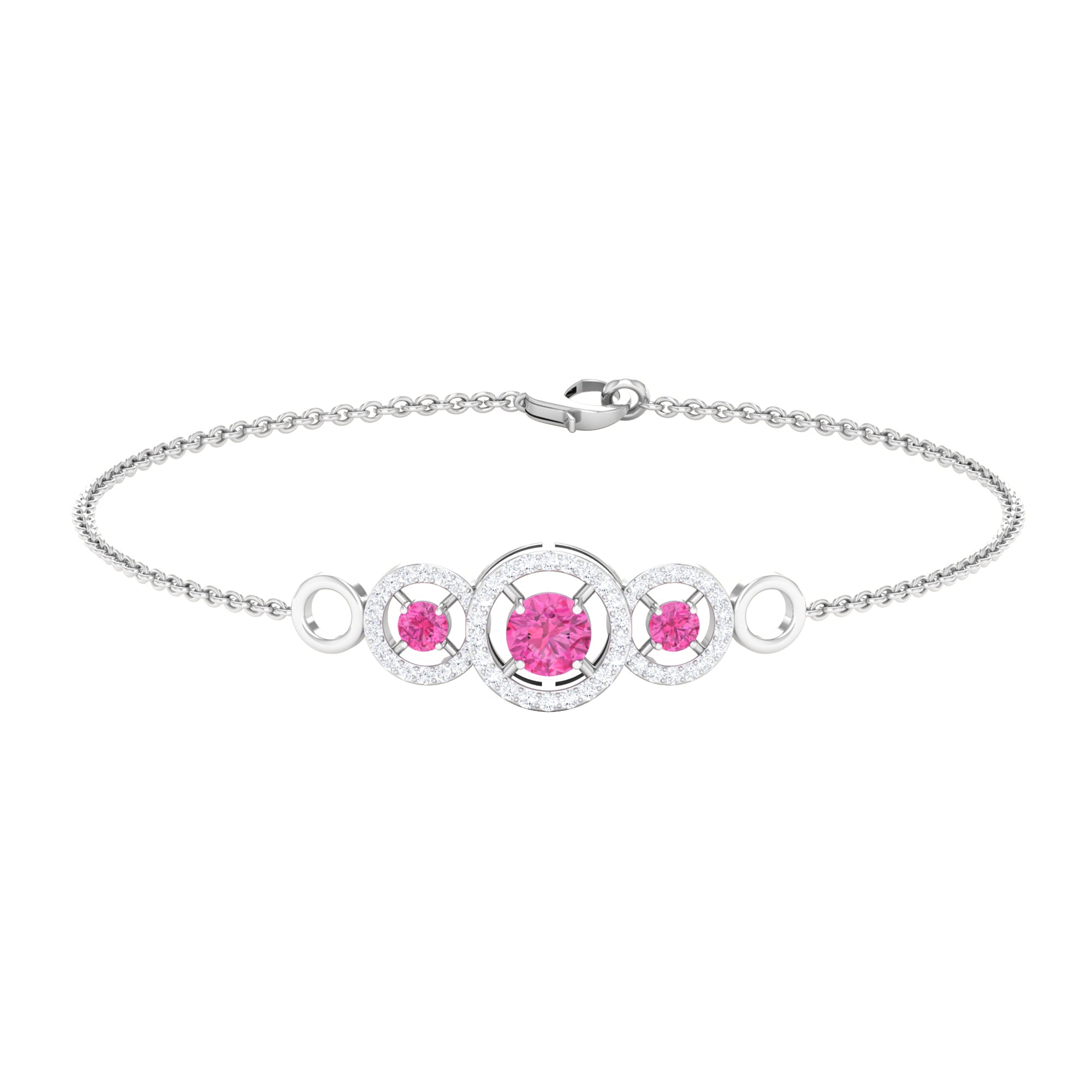 Pink Sapphire and Diamond Three Stone Chain Bracelet