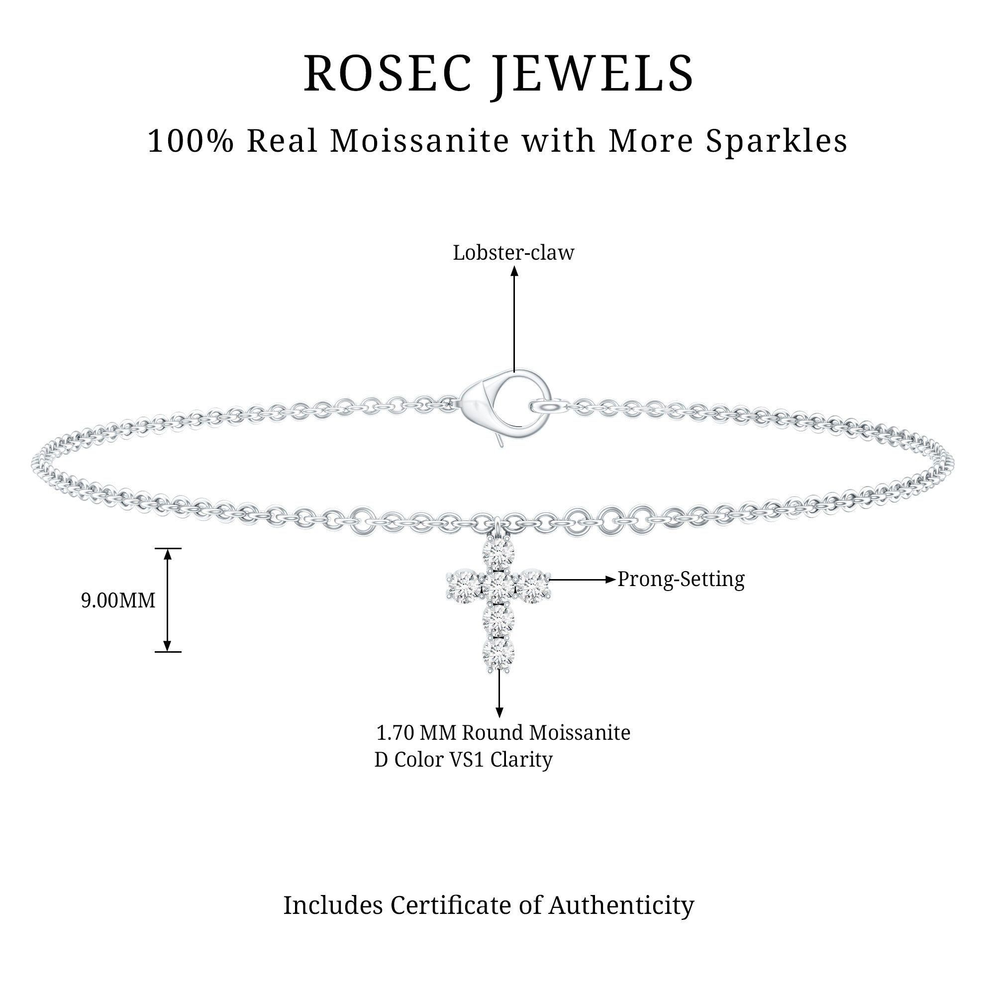 Certified Moissanite Cross Charm Chain Bracelet for Women D-VS1 - Rosec Jewels