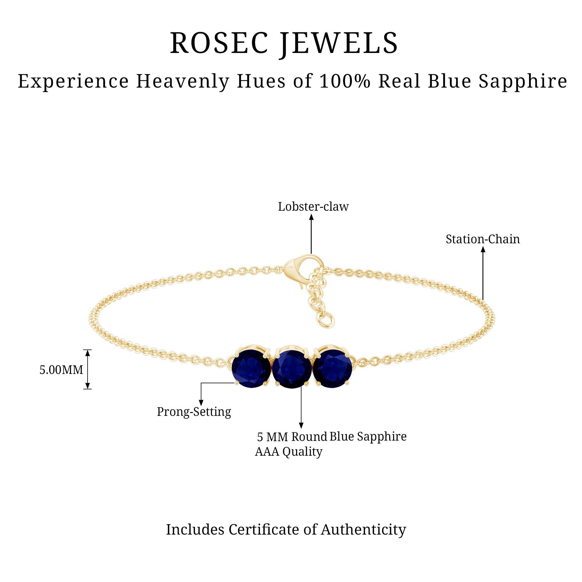 Natural 2.85 Carat Blue Sapphire Three Stone Chain Bracelet AAA - Rosec Jewels