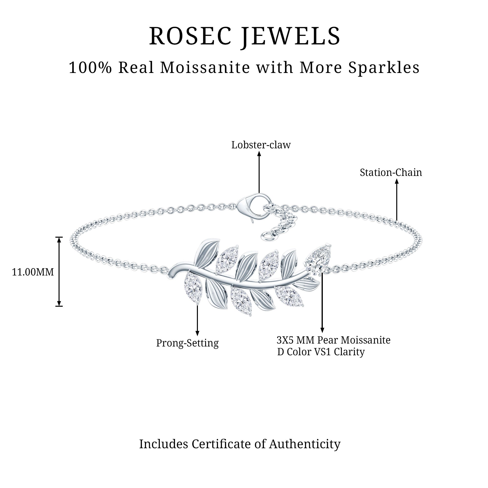 Certified Moissanite Leaf Chain Bracelet for Women D-VS1 - Rosec Jewels