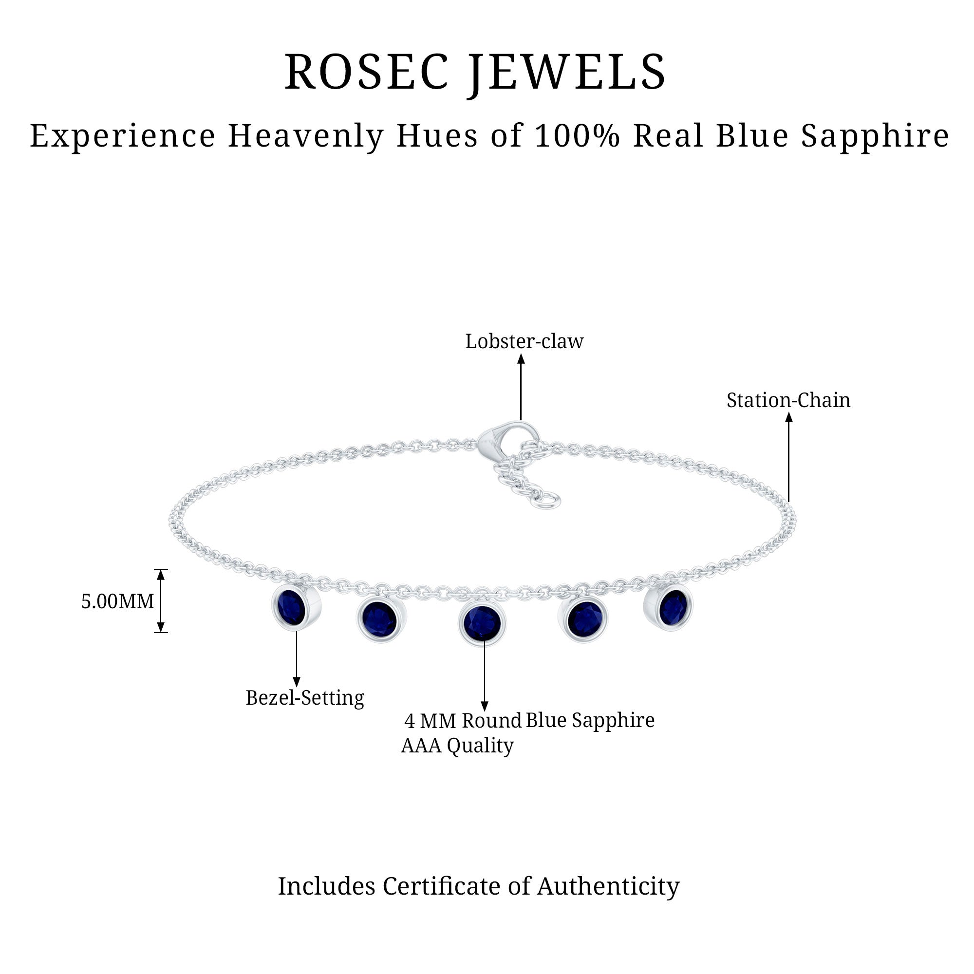 2 Carat Bezel Set Blue Sapphire Charm Bracelet AAA - Rosec Jewels