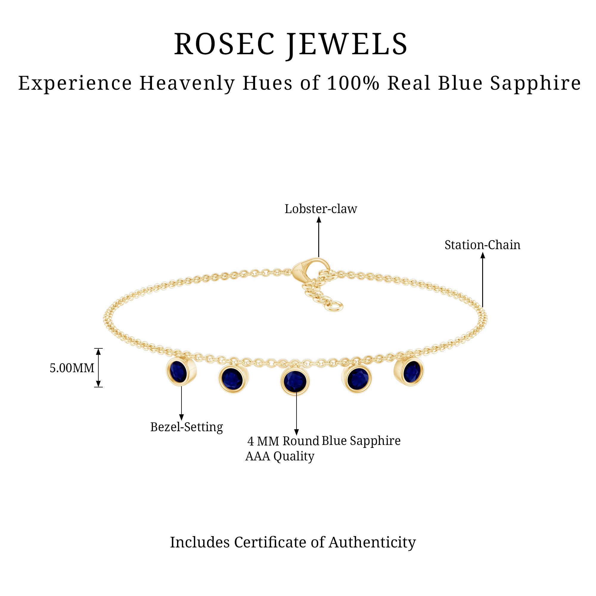 2 Carat Bezel Set Blue Sapphire Charm Bracelet AAA - Rosec Jewels