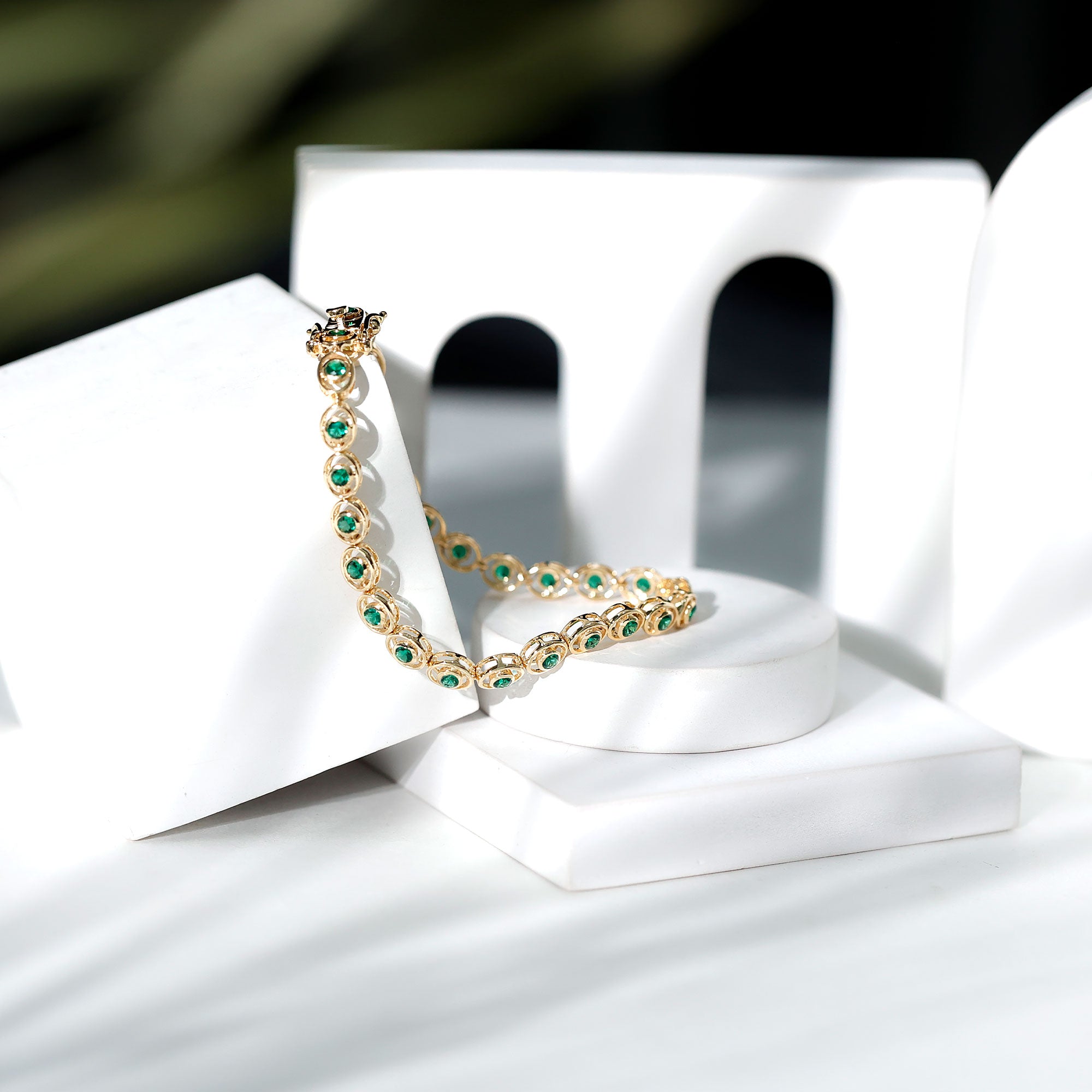 Lab Created Emerald Tennis Bracelet in Bezel Setting AAAA - Rosec Jewels