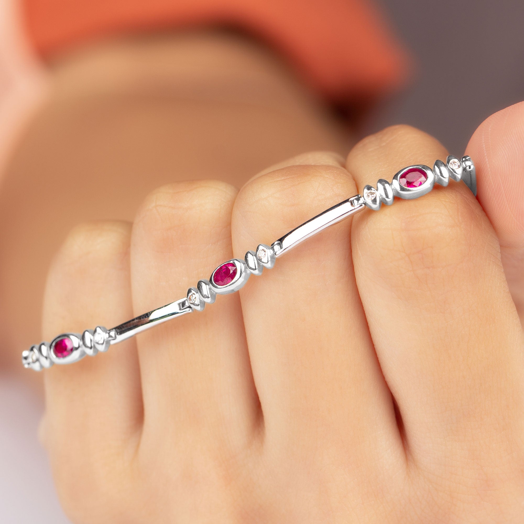 Oval Lab Grown Ruby Link Bracelet with Diamond AAAA - Rosec Jewels