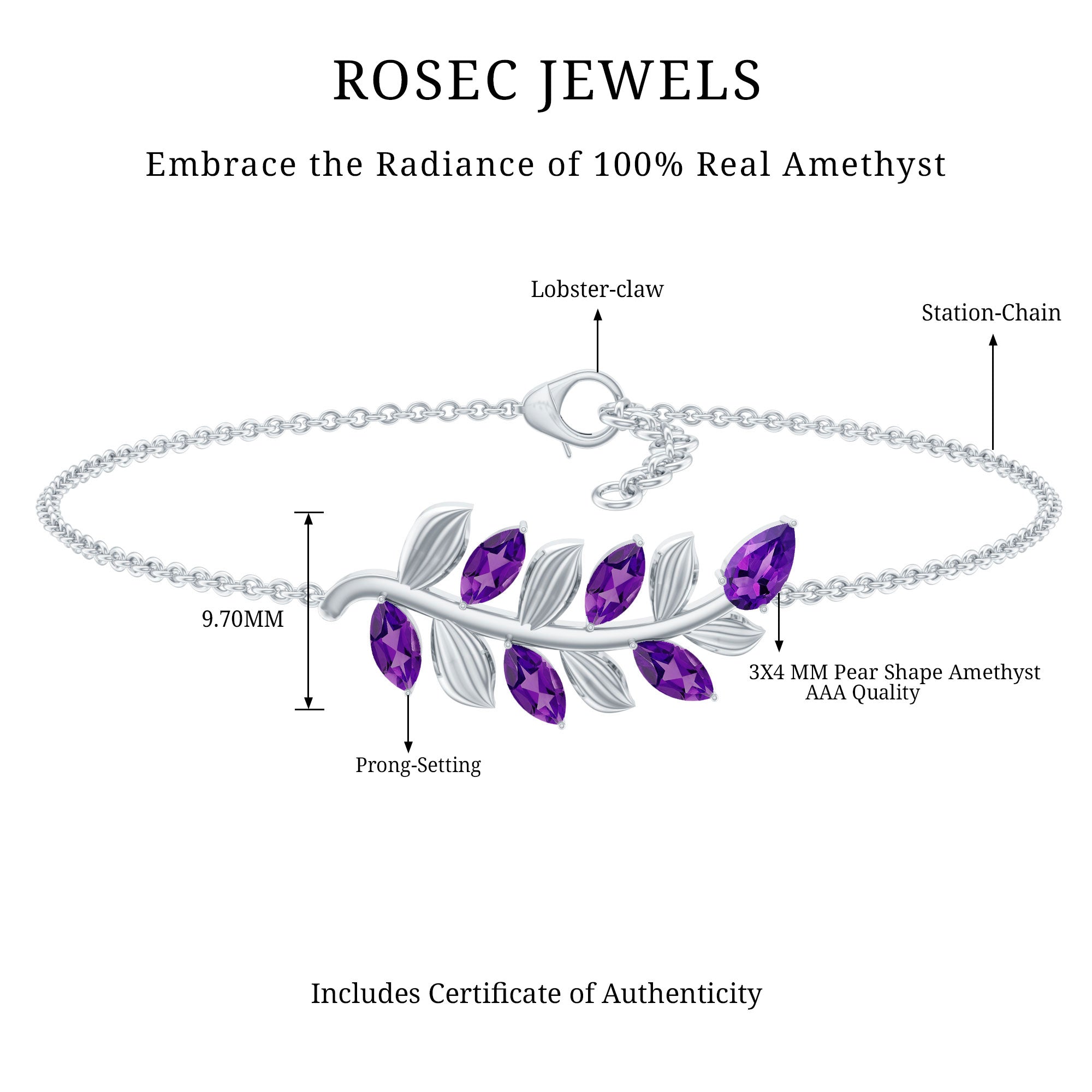 Natural Amethyst Leaf Bracelet with Certificate AAA - Rosec Jewels