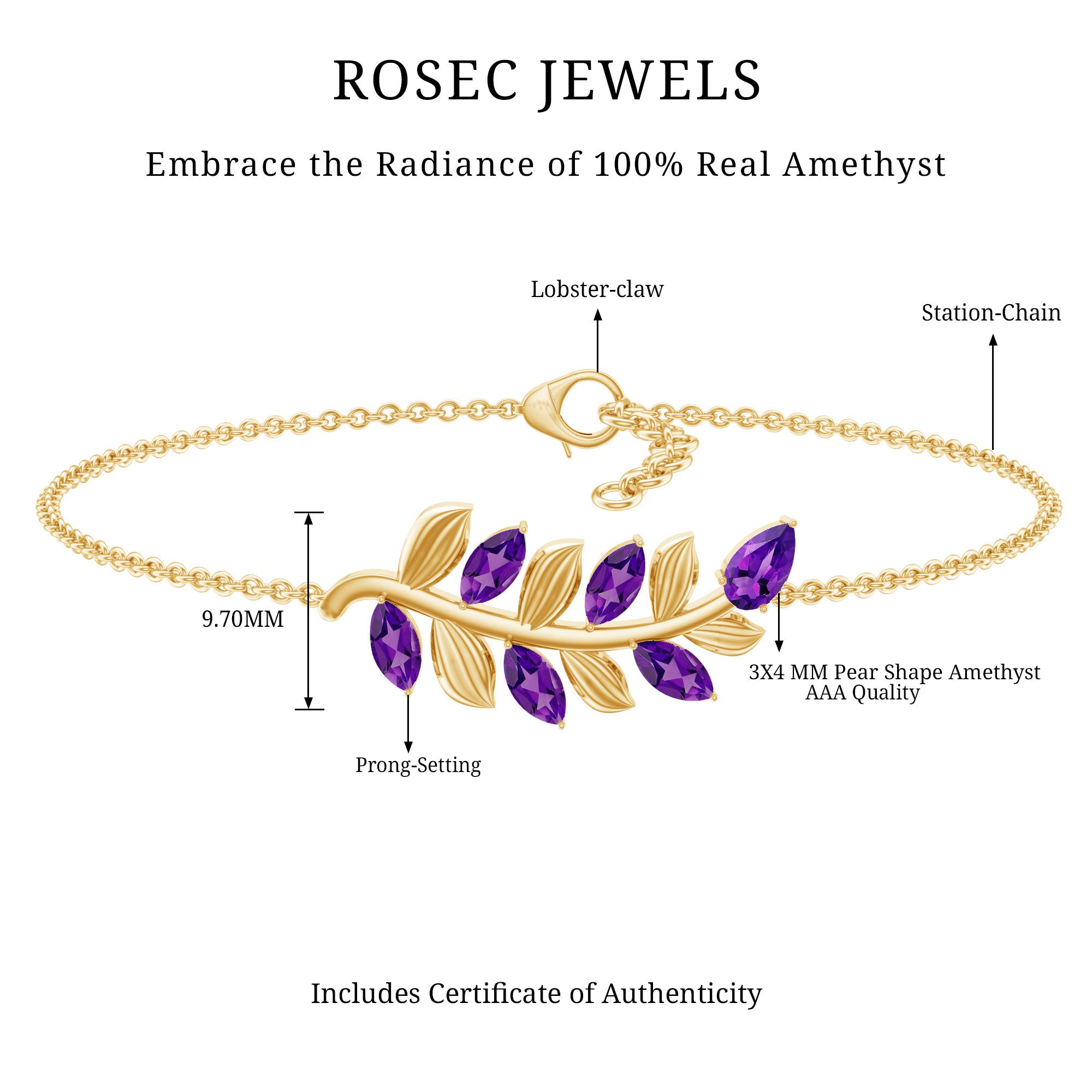 Natural Amethyst Leaf Bracelet with Certificate AAA - Rosec Jewels