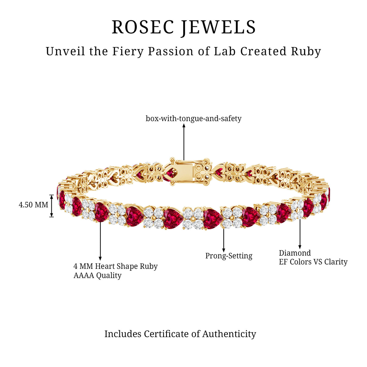 Lab Grown Ruby Heart Tennis Bracelet with Diamonds AAAA - Rosec Jewels