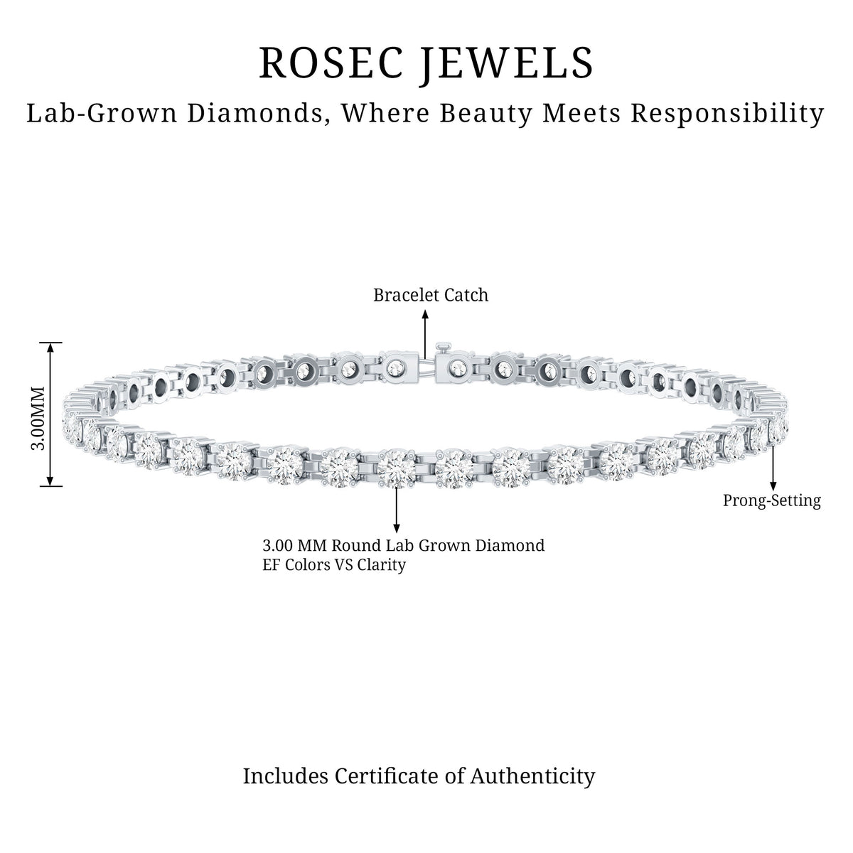 Round Cut Certified Lab Grown Diamond Tennis Bracelet for Women Lab - ( EF-VS ) - Rosec Jewels