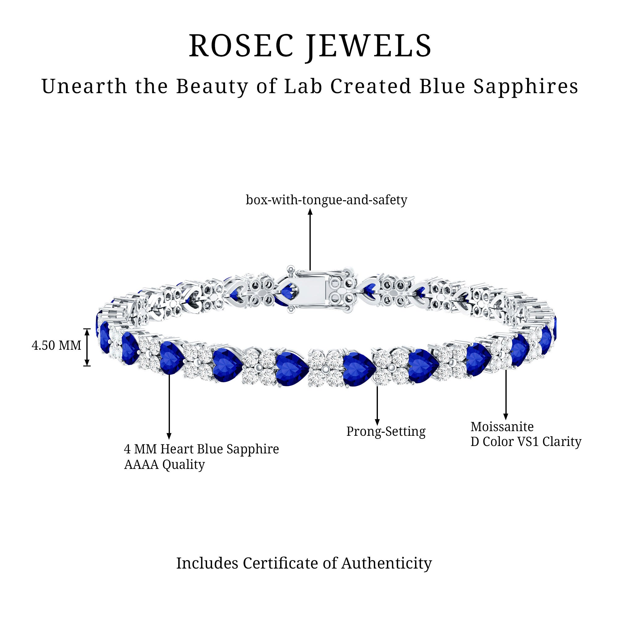 Certified 7 Carat Lab Grown Blue Sapphire Heart Tennis Bracelet AAAA - Rosec Jewels