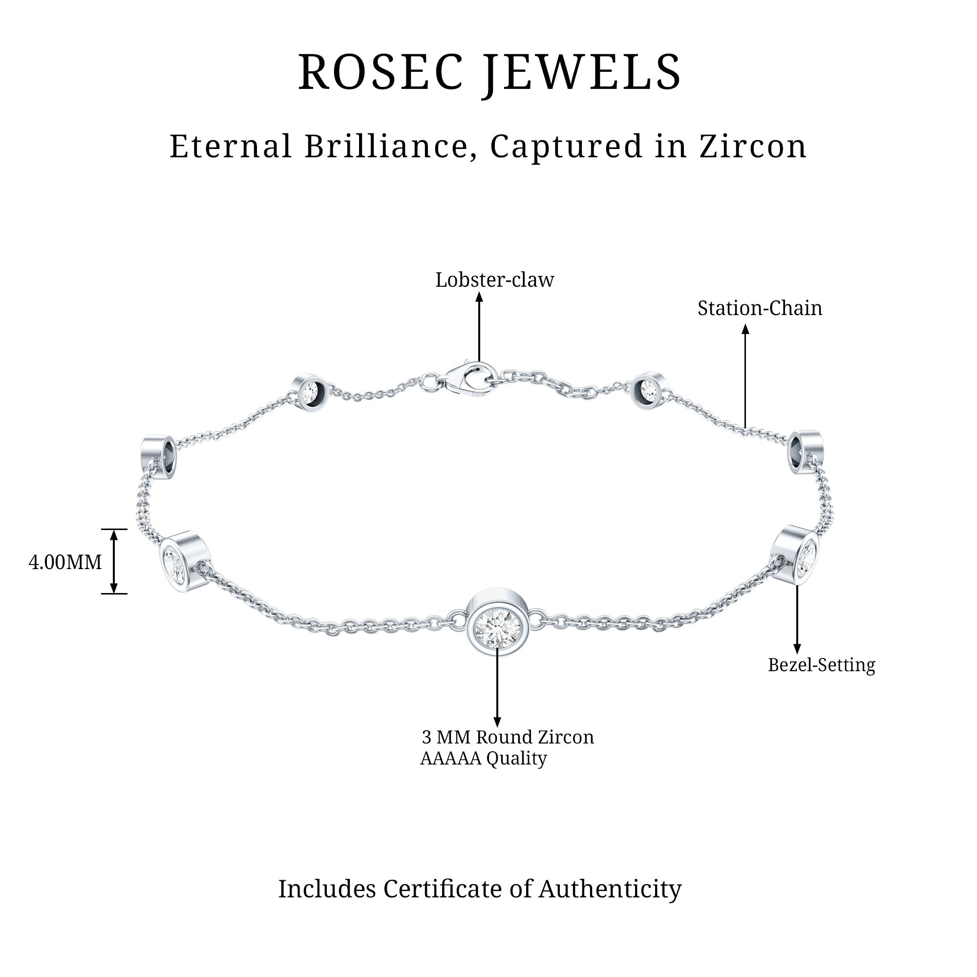 Cubic Zirconia Station Bracelet in Sterling Silver AAAAA 92.5 Sterling Silver 7.0 Inches - Rosec Jewels