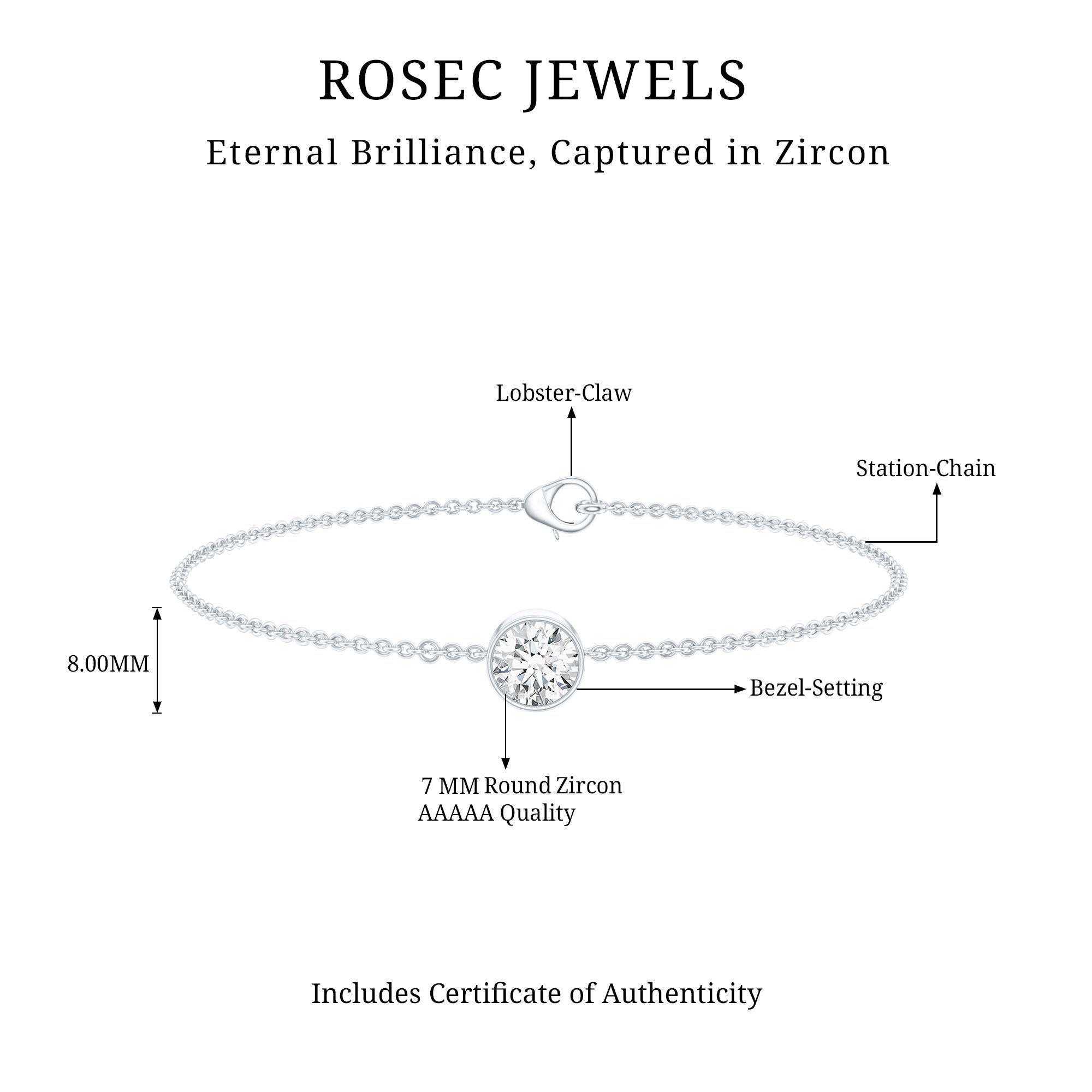 Bezel Set 1.3 Carat CZ Diamond Solitaire Chain Bracelet AAAAA 92.5 Sterling Silver 7.0 Inches - Rosec Jewels