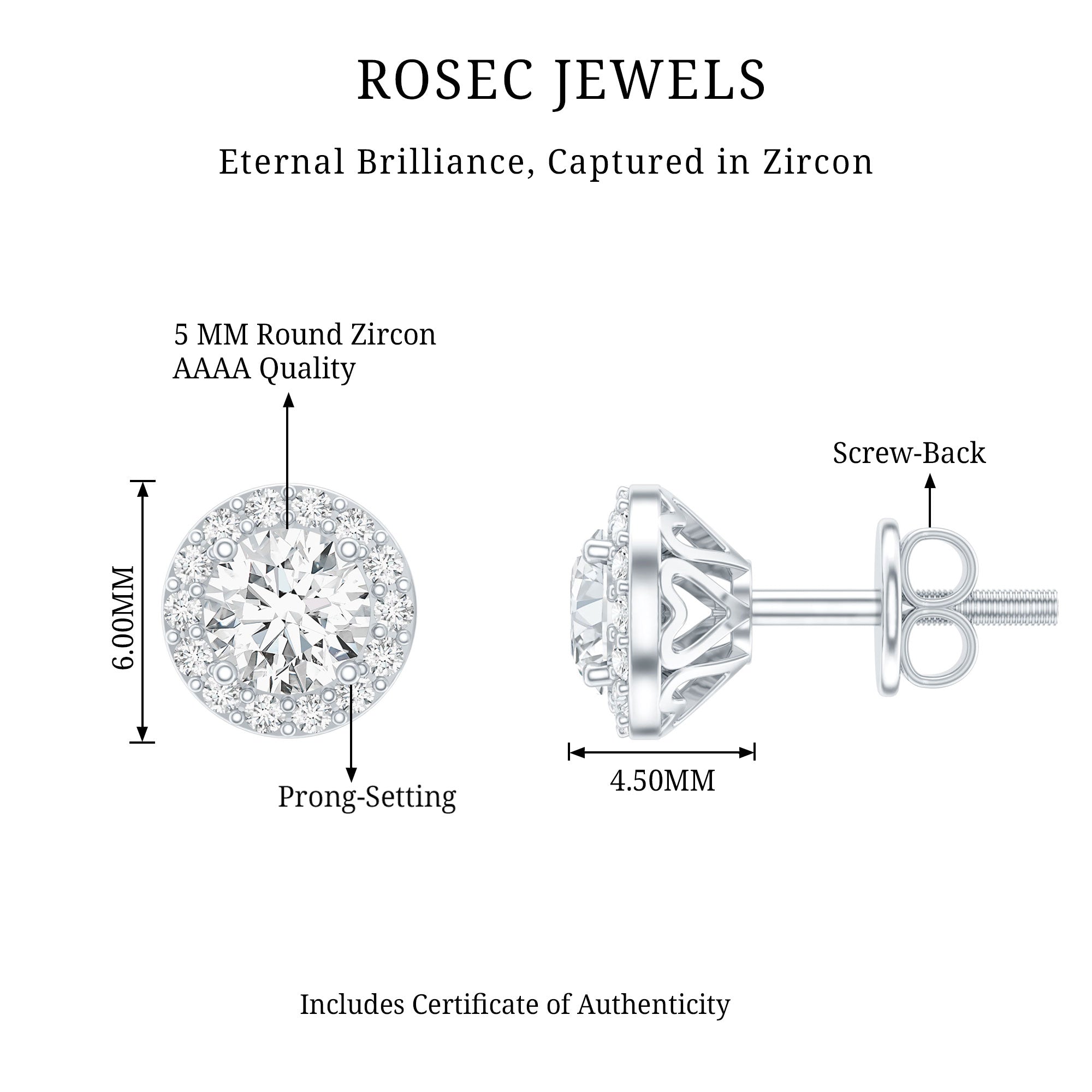 1 CT Zircon Classic Halo Stud Earrings AAAA - Rosec Jewels