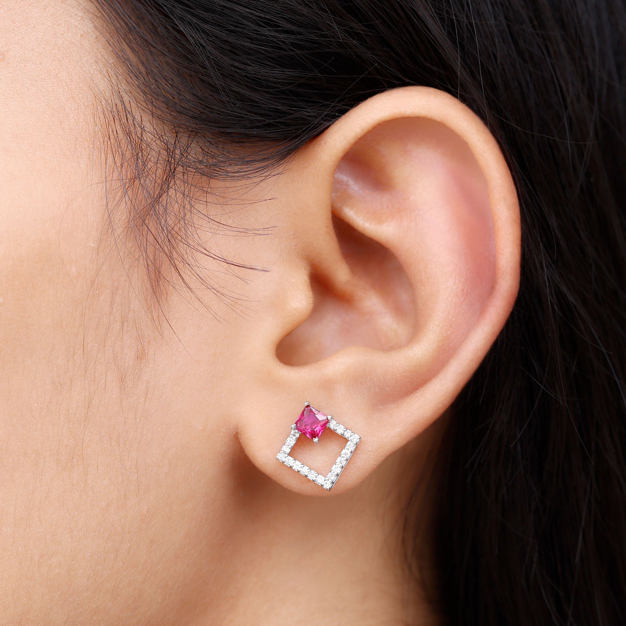 Princess Cut Created Ruby and Diamond Square Stud Earrings in Gold Lab Created Ruby - ( AAAA ) - Quality - Rosec Jewels
