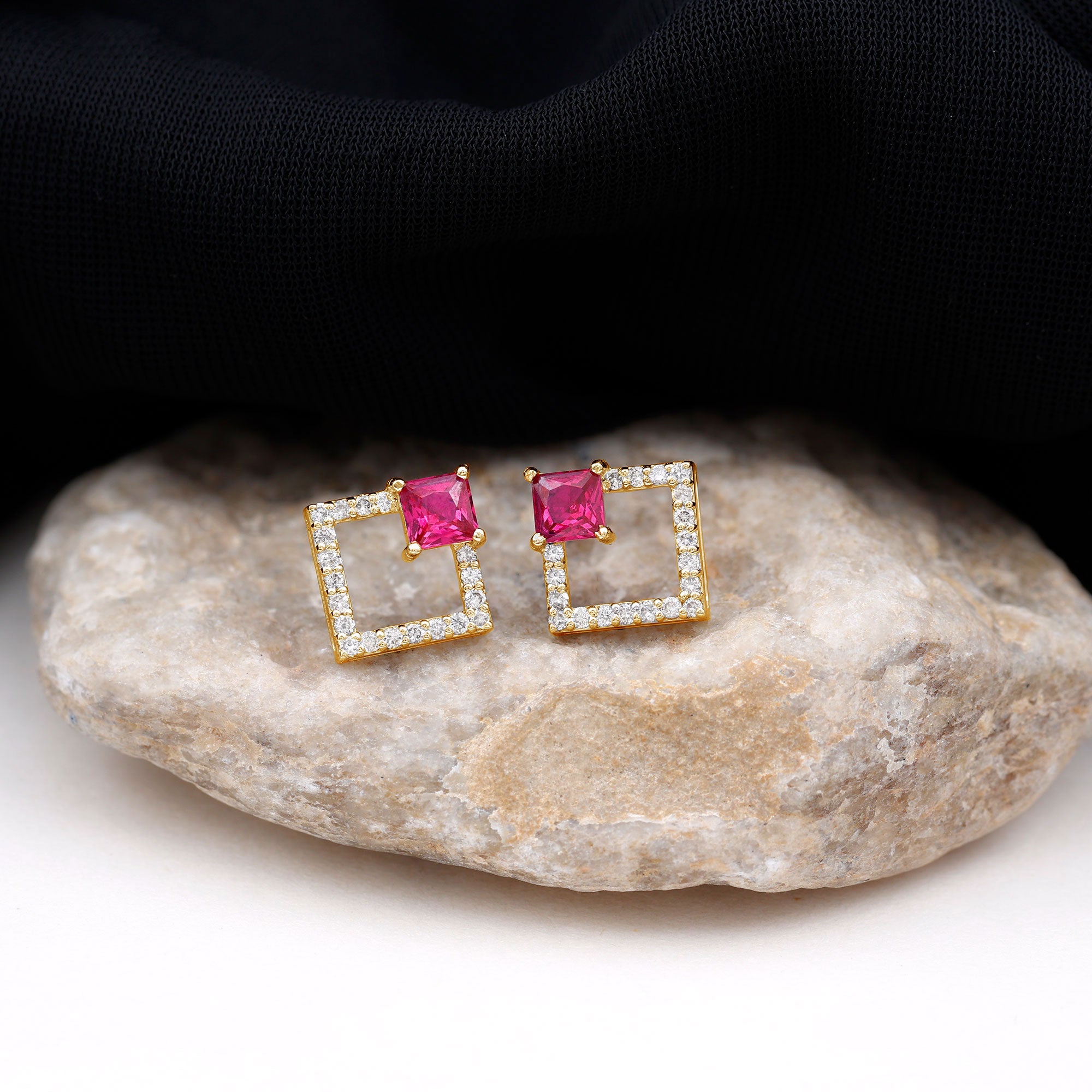 Princess Cut Created Ruby and Diamond Square Stud Earrings in Gold Lab Created Ruby - ( AAAA ) - Quality - Rosec Jewels