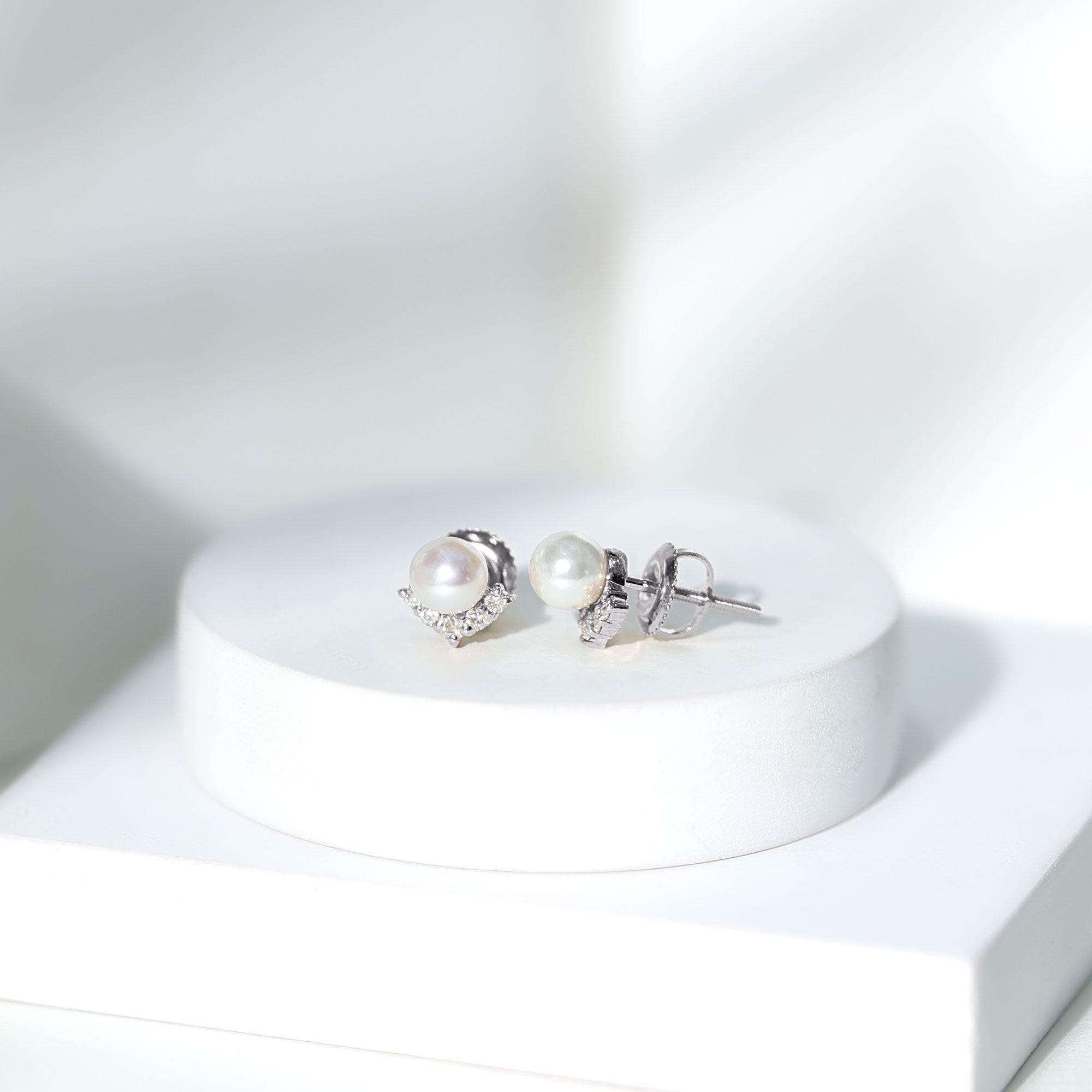 Modern Stud Earrings with Freshwater Pearl and Diamond AAA - Rosec Jewels