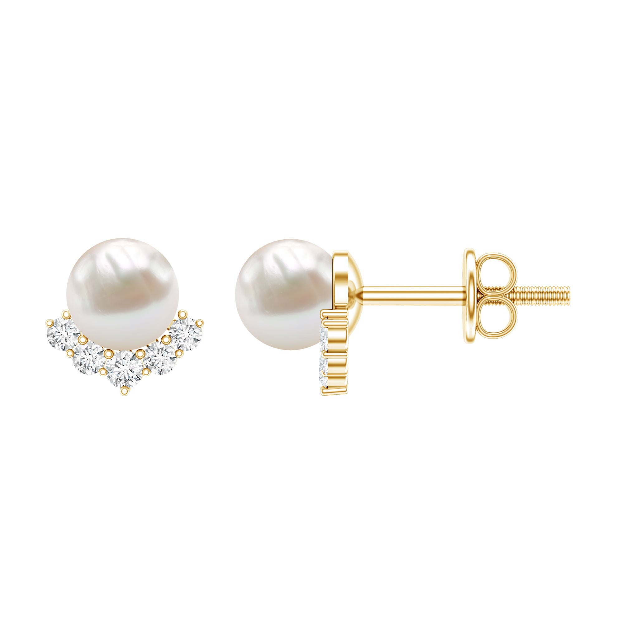 Modern Stud Earrings with Freshwater Pearl and Diamond AAA - Rosec Jewels