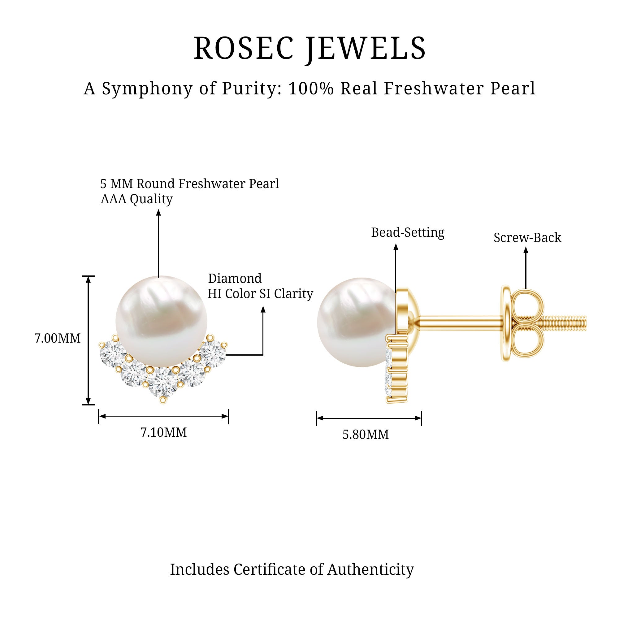 Modern Stud Earrings with Freshwater Pearl and Diamond AAA - Rosec Jewels