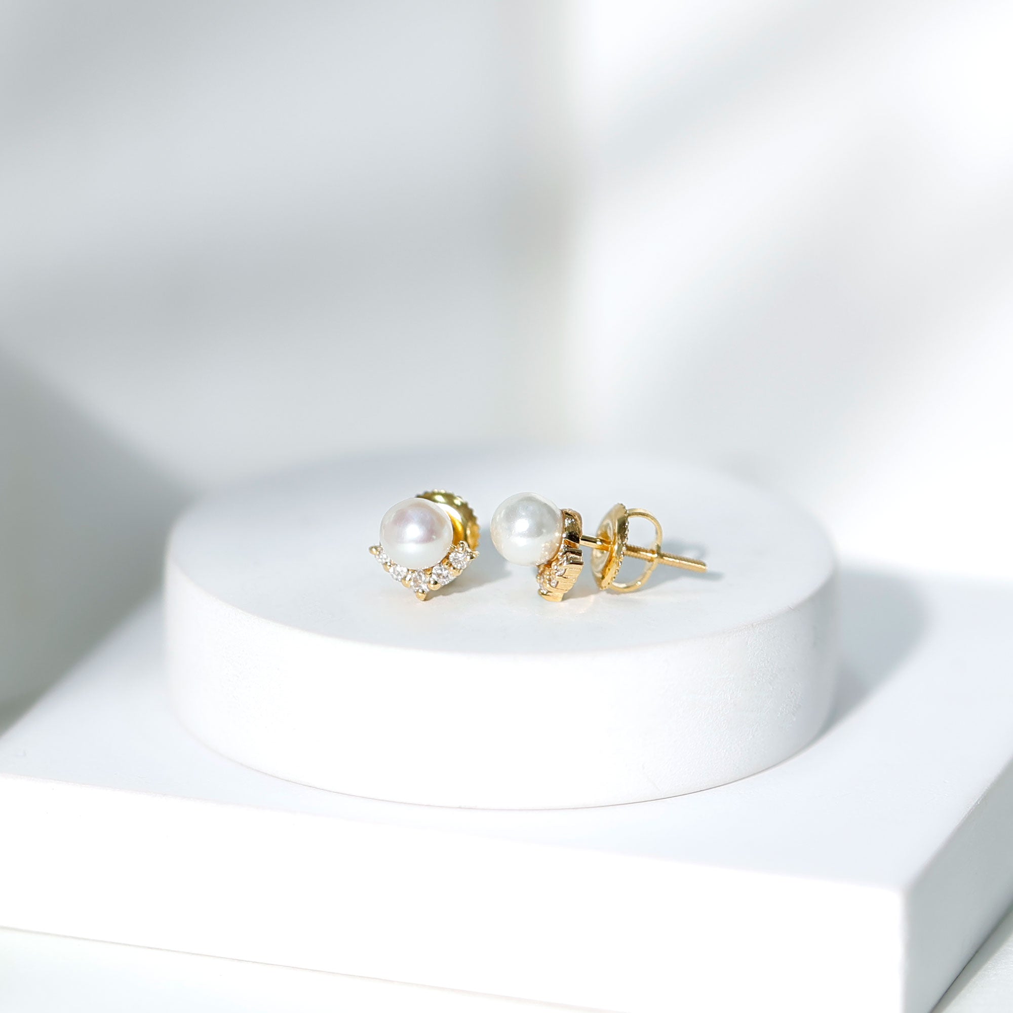 Modern Stud Earrings with Freshwater Pearl and Diamond AAA - Rosec Jewels