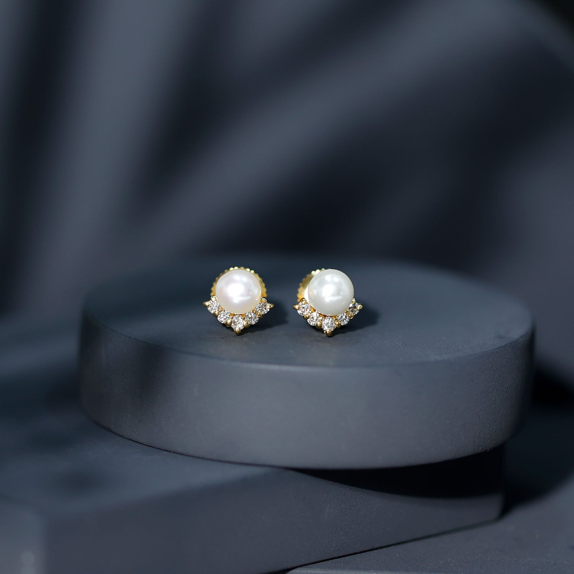 Modern Stud Earrings with Freshwater Pearl and Diamond AAA - Rosec Jewels