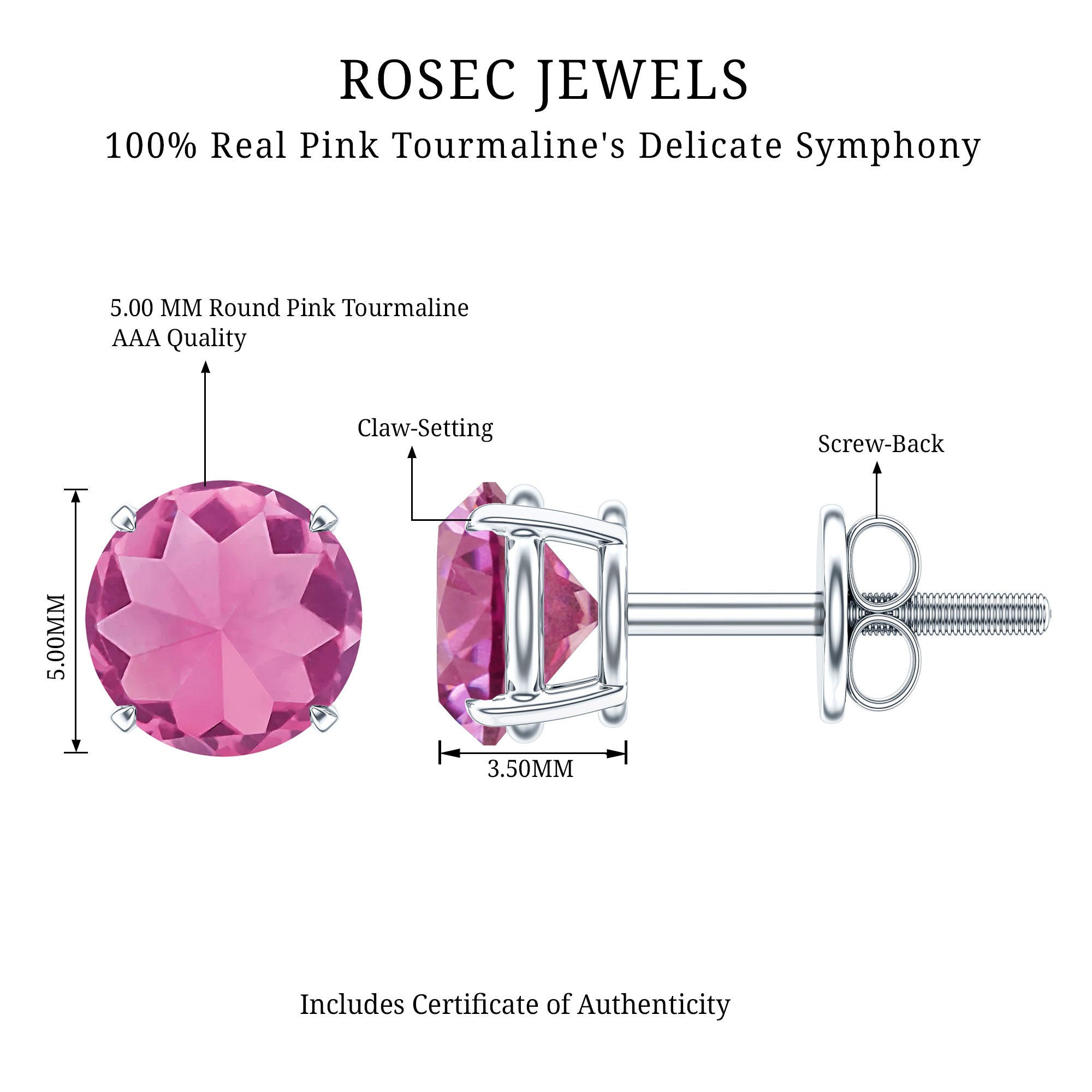 Round Shape Pink Tourmaline Stud Earrings for Women AAA - Rosec Jewels