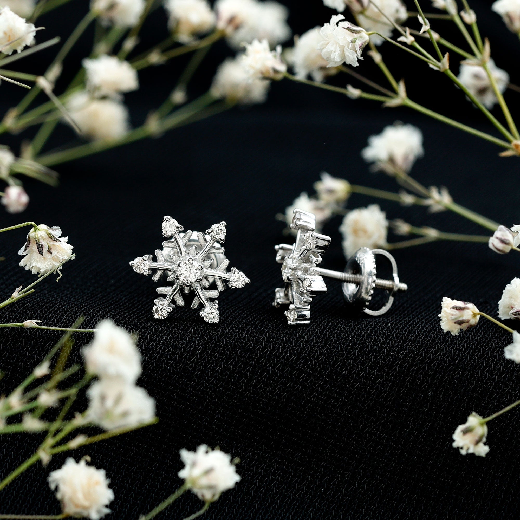 Diamond Snowflake Christmas Earrings Natural - ( HI-SI ) - Rosec Jewels