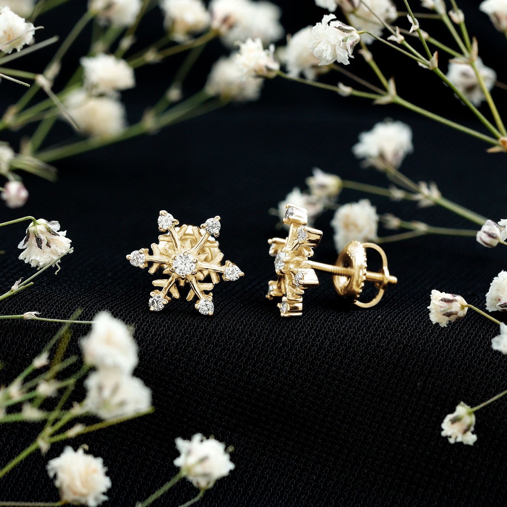 Diamond Snowflake Christmas Earrings Natural - ( HI-SI ) - Rosec Jewels