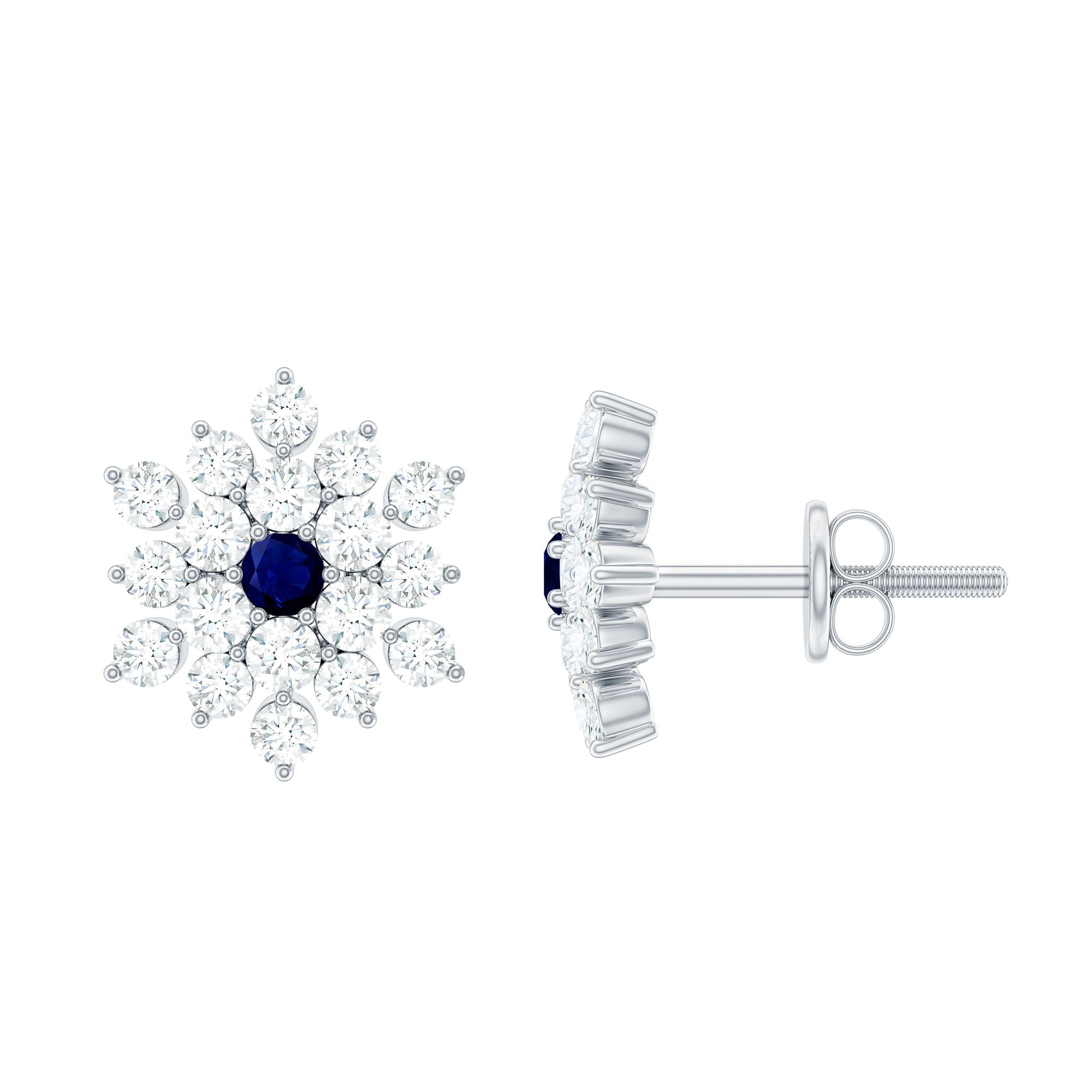 Real Blue Sapphire and Diamond Floral Cluster Stud Earrings AAA - Rosec Jewels