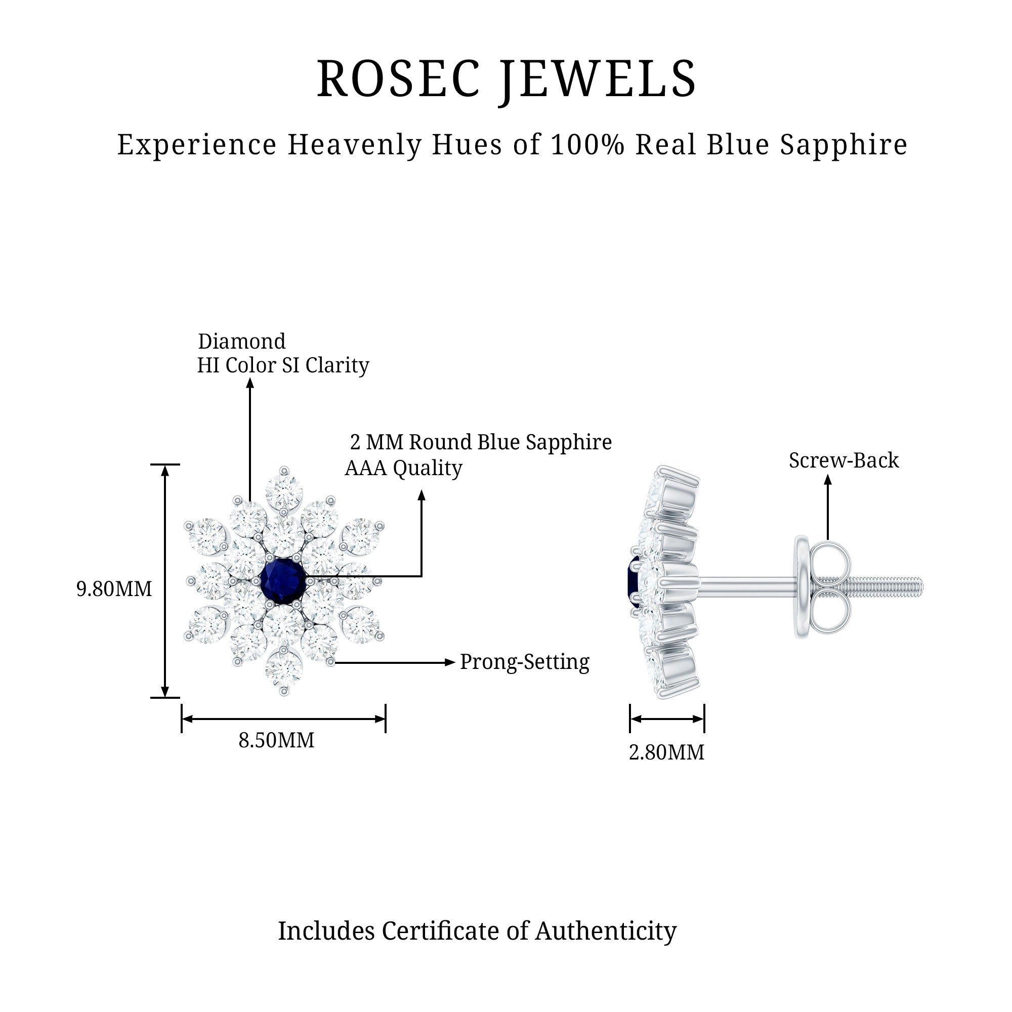 Real Blue Sapphire and Diamond Floral Cluster Stud Earrings AAA - Rosec Jewels