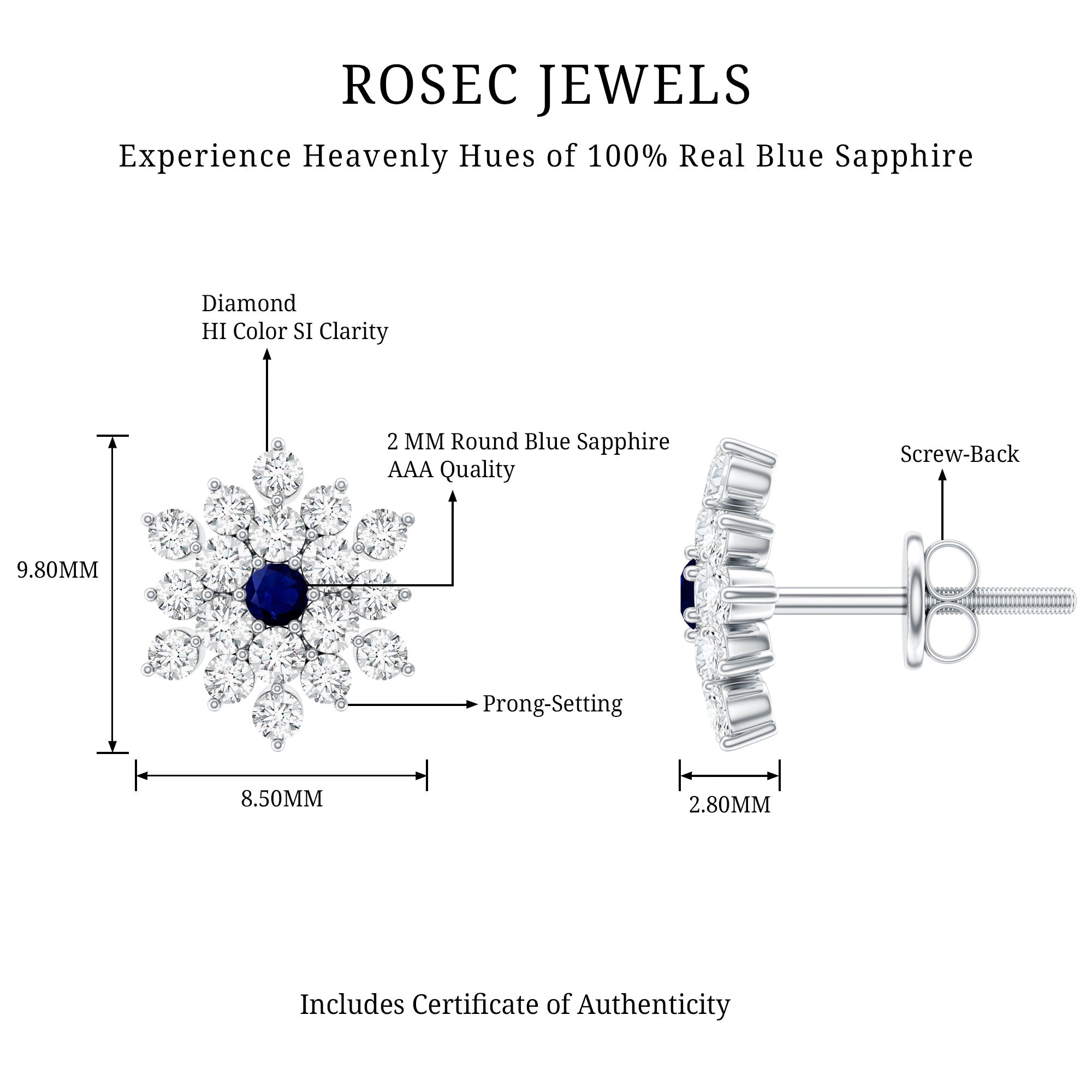 Real Blue Sapphire and Diamond Floral Cluster Stud Earrings AAA - Rosec Jewels