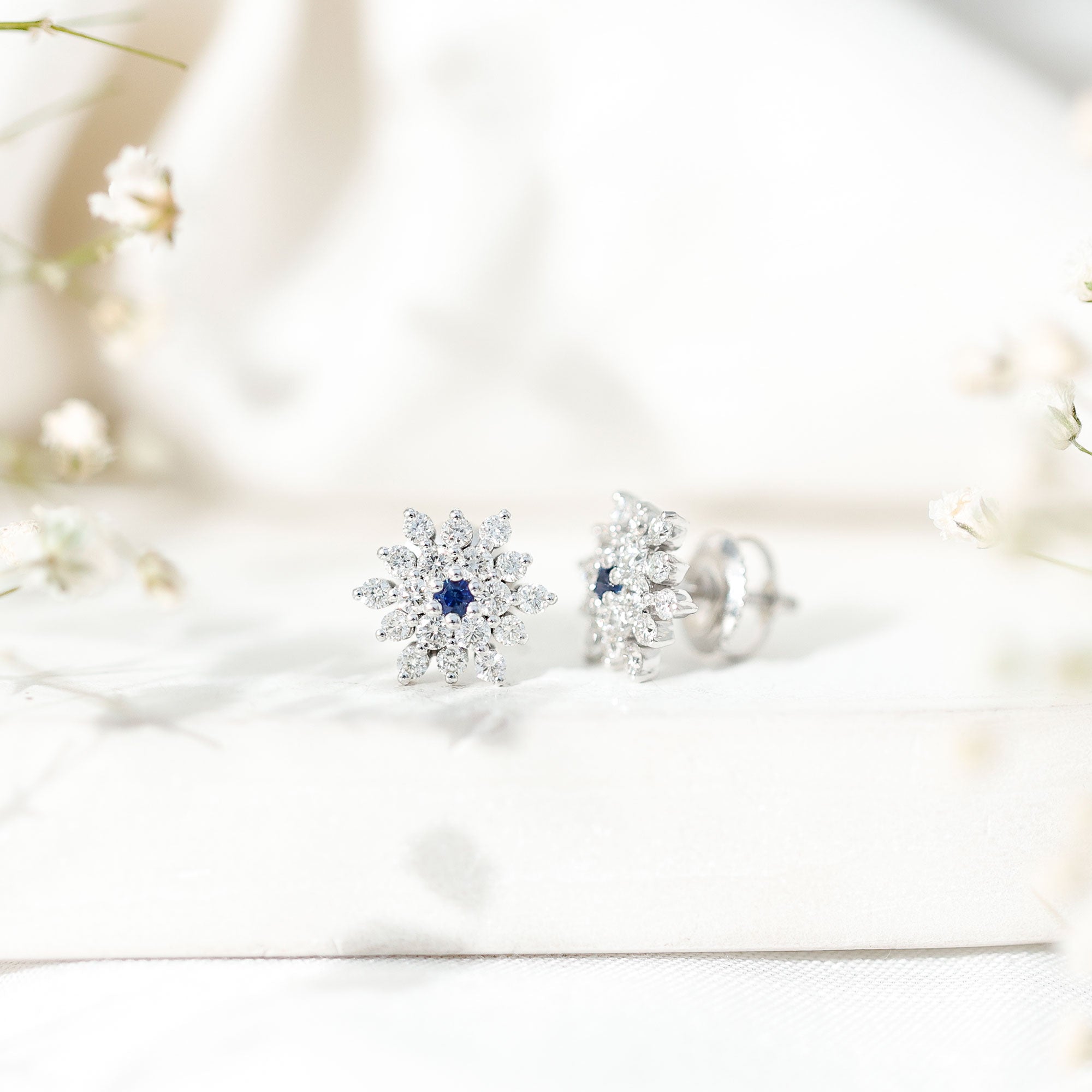 Real Blue Sapphire and Diamond Floral Cluster Stud Earrings AAA - Rosec Jewels